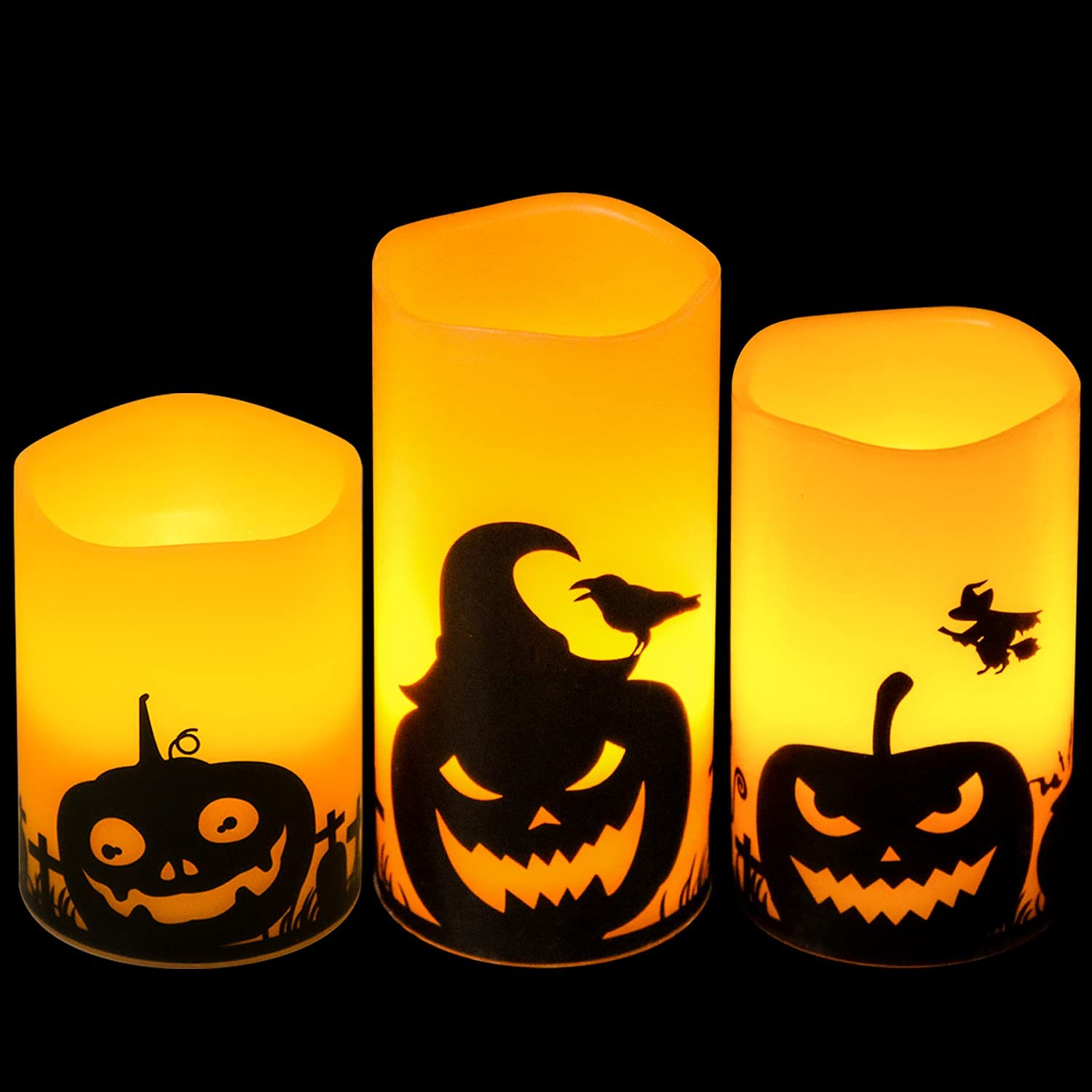 Eldnacele Halloween Flameless Candles, LED Flickering Battery Pillar Candles with 6H Timer and Pumpkin Decals, Spooky Fall Halloween Festival Party Decoration Set of 3 (D 3” X H 4” 5” 6”)