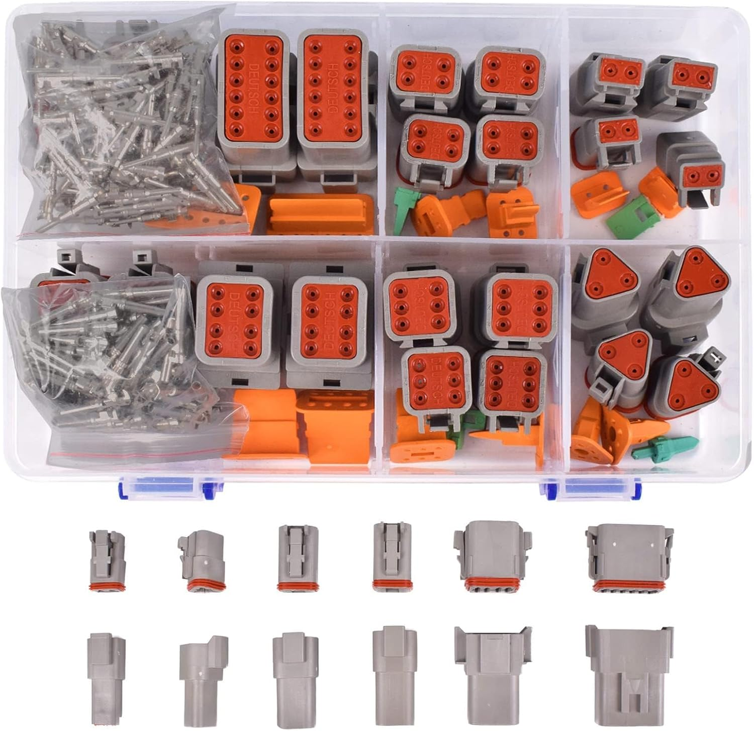 174Pcs 12 Kits DT Series DT Connector Kit 2 3 4 6 8 12 Pin Connectors with Size 16 Stamped Contacts for Deutsch Connector, IP68 Waterproof Automotive Electrical Connectors Plug
