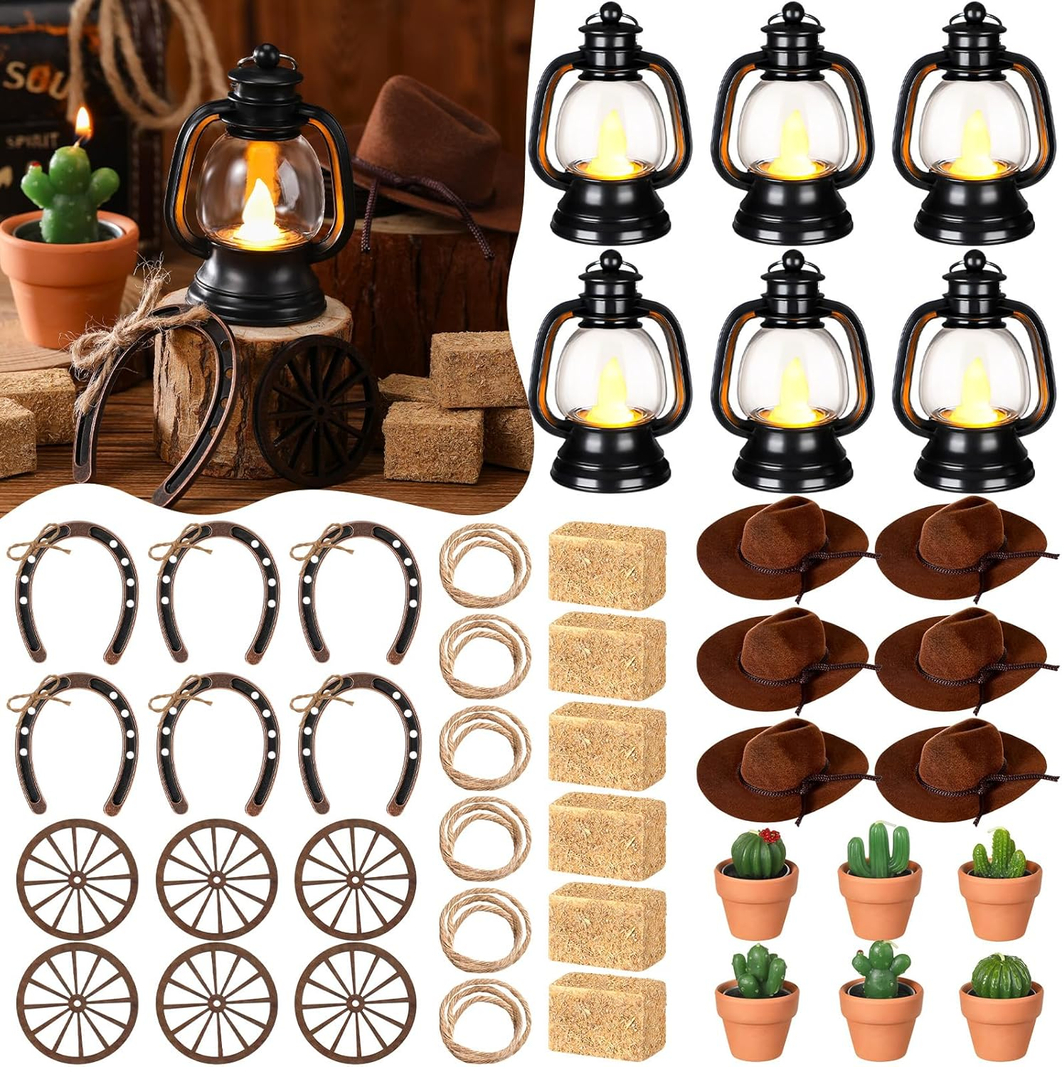 48 Pcs Cowboy Party Decoration Western Theme Party Centerpiece Mini Cowboy Hats Lantern with LED Candle, Cactus Tealight, Horseshoe, Wagon Wheel, Hay Bales and Rope for Camping Party Favor