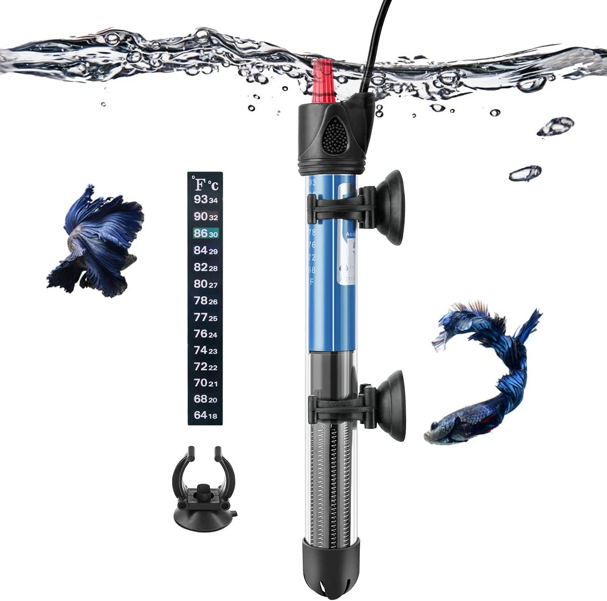 Hitop 25W/50W/100W/300W Adjustable Aquarium Heater, Submersible Glass Water 
