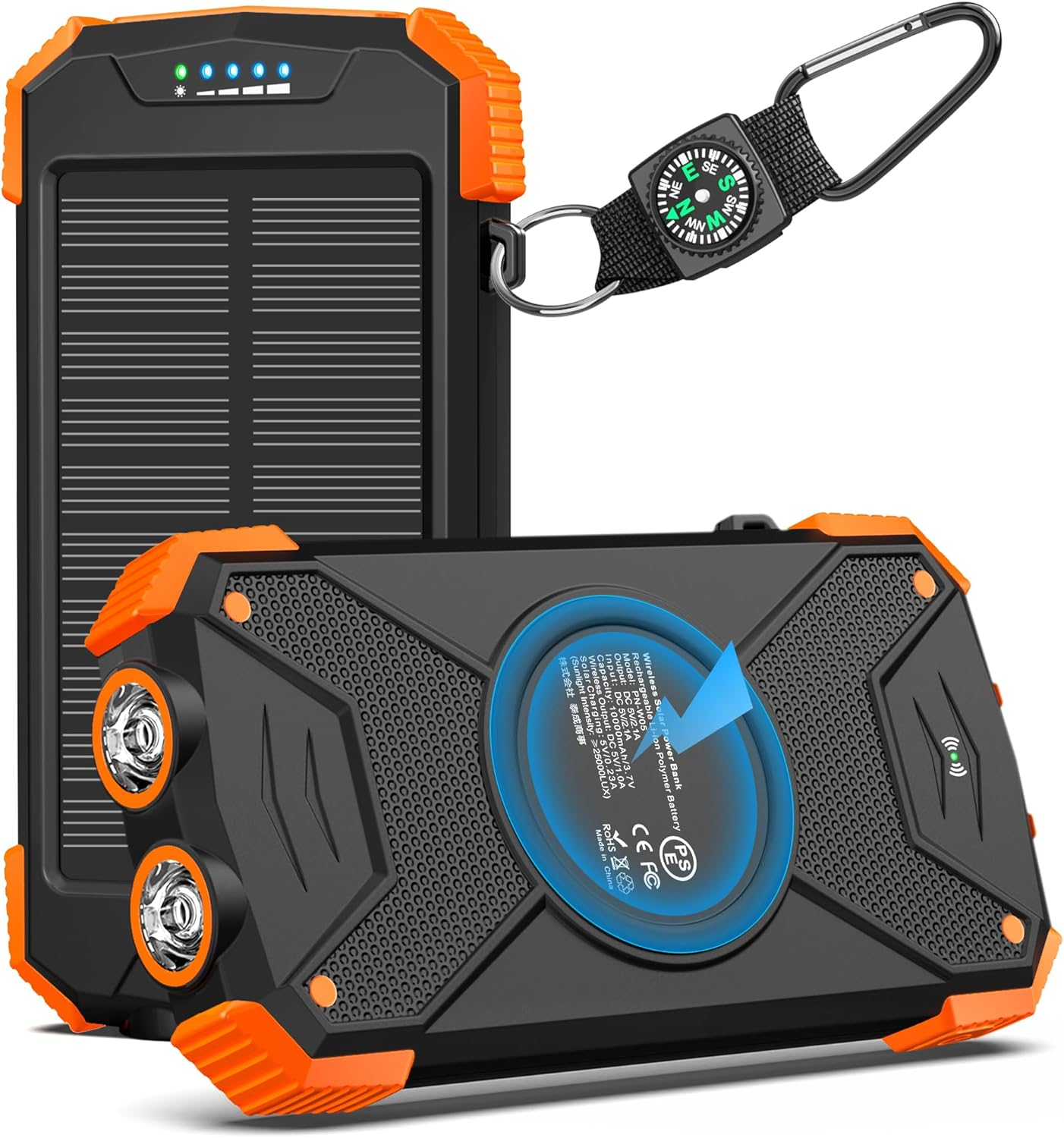 Solar Power Bank 10,000Mah, Portable Wireless Charger, 20W Fast Charging External Battery Pack with USB C for Cell Phones, Solar Panel Charging with Dual Flashlight for Camping