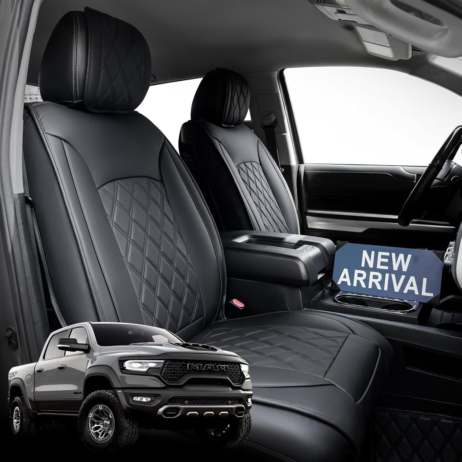Super Cover® for Dodge Ram Seat Covers 2002-2023 2024 1500, 2010-2023 2024 2500/3500 Pickup Truck for Dodge Ram Leather Seats Covers Crew Mega Cab Waterproof Leather Car Seat Accessories(Front Only)