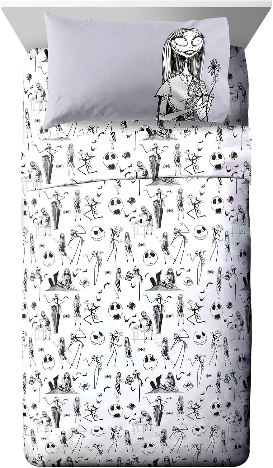 Kids Sheet Set with Fitted, Flat Sheets & Pillow Cover - Ultra-Soft Bedding with Pillowcase for Room Decor, White - Nightmare before Christmas, 3 Piece Twin