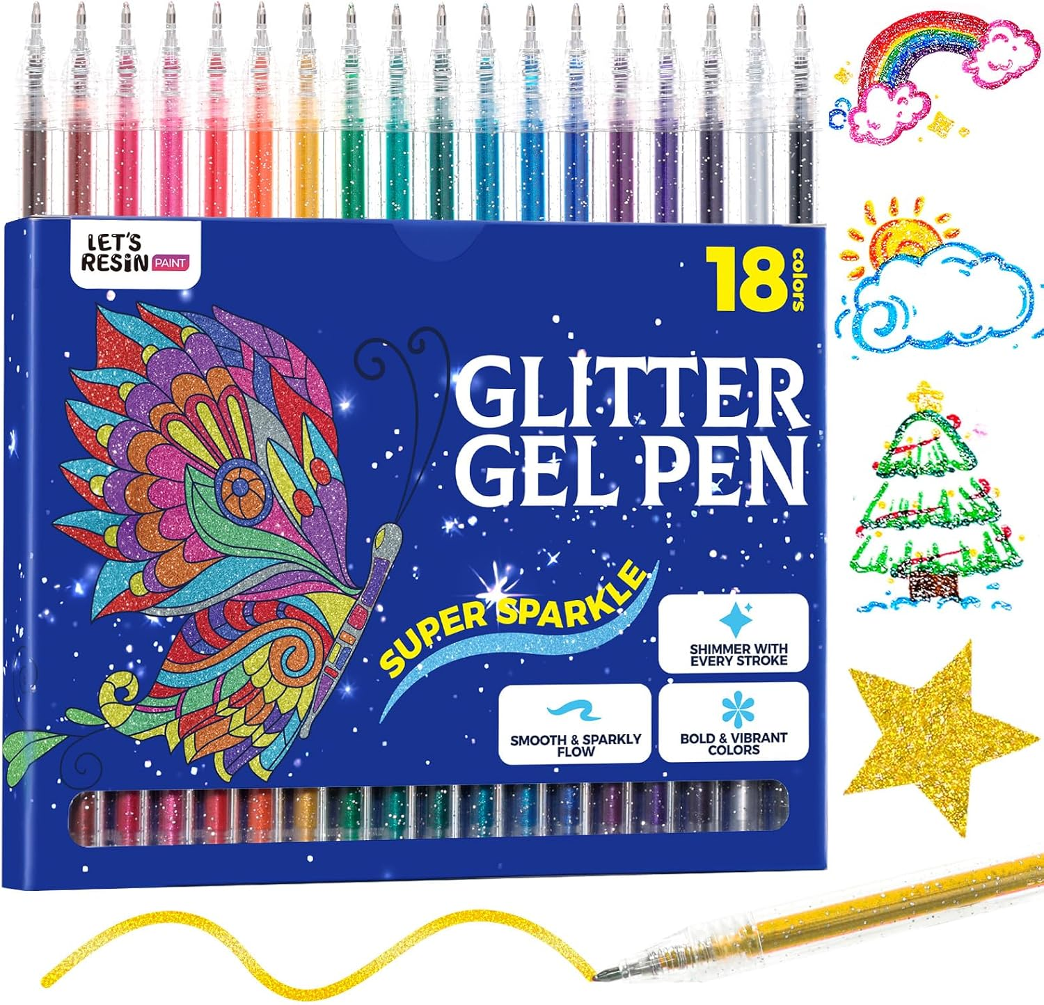 PAINT Glitter Gel Pens,18 Vibrant Colors Sparkle Gel Pen, Retractable Metallic Shimmer Pens for Adults Coloring Note Taking and Journaling Christmas Gifts Stocking Stuffers