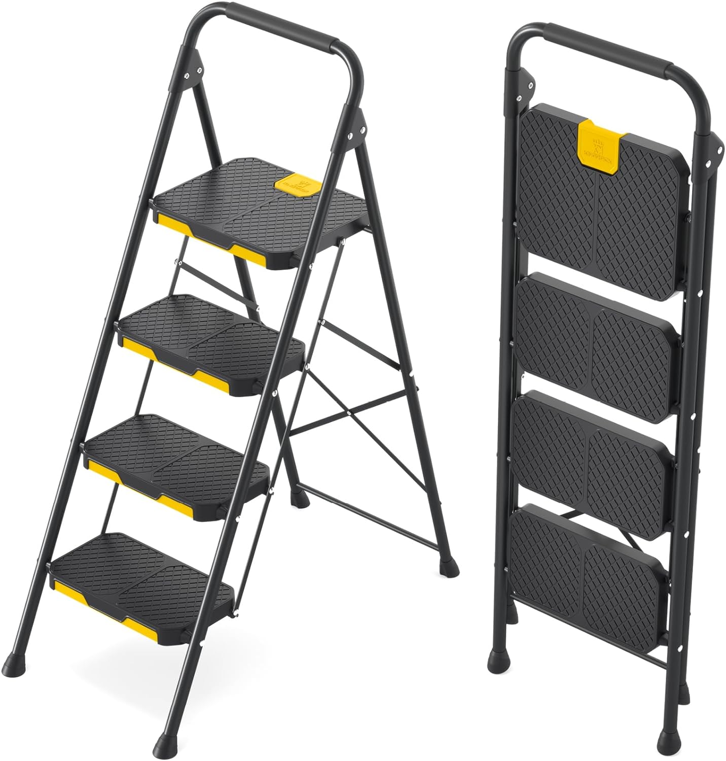 KINGRACK 4 Step Ladder, Sturdy Steel Step Stool with Safe-Lock Design, Handrail, Anti-Slip Wide Pedals, Pass 800Lbs Load Testing, Folding Portable Ladder for Multi-Purpose, Home, Kitchen, Black