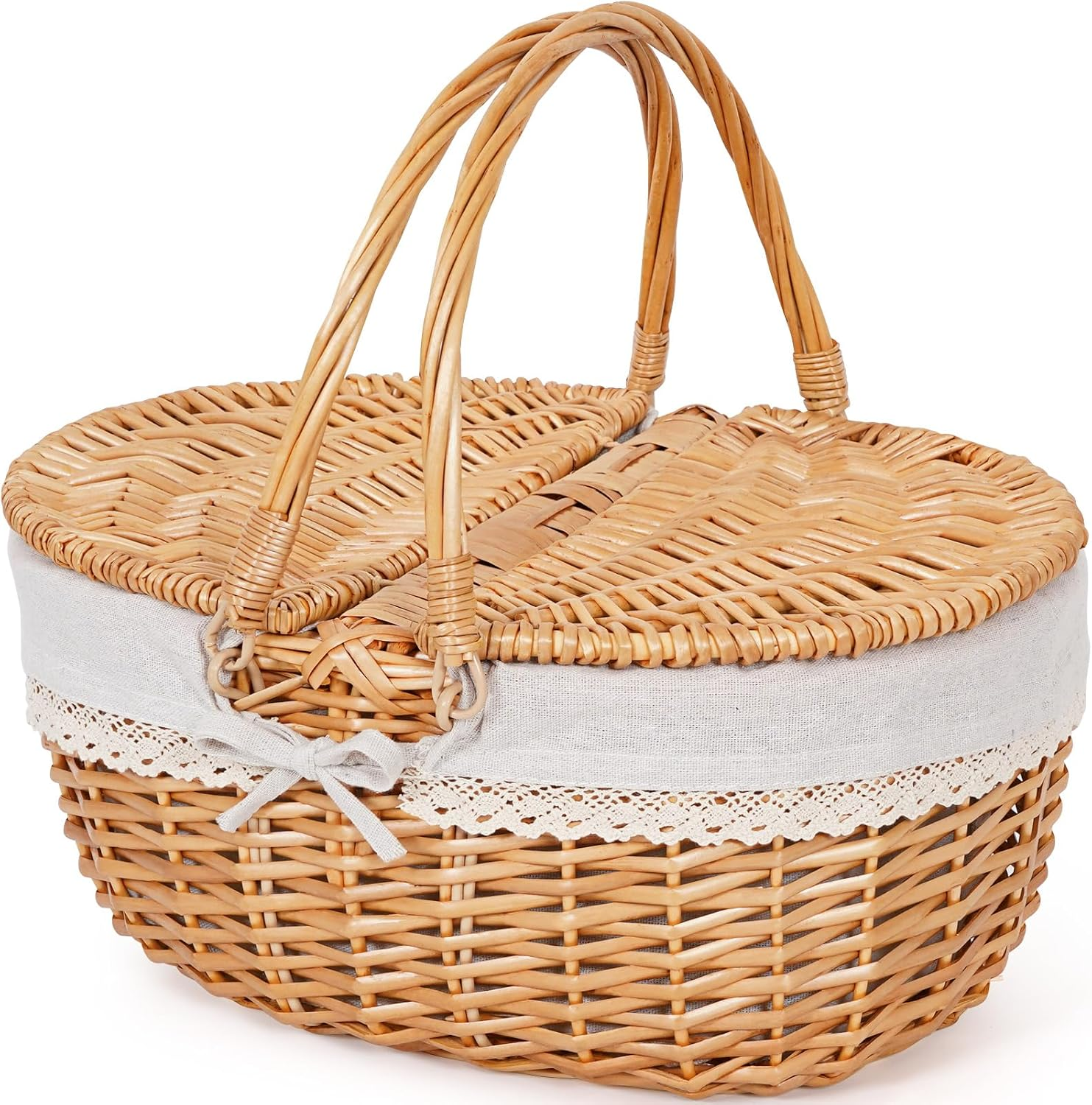 Wicker Picnic Basket with Handle & Lid, 15" Vintage Hand Woven