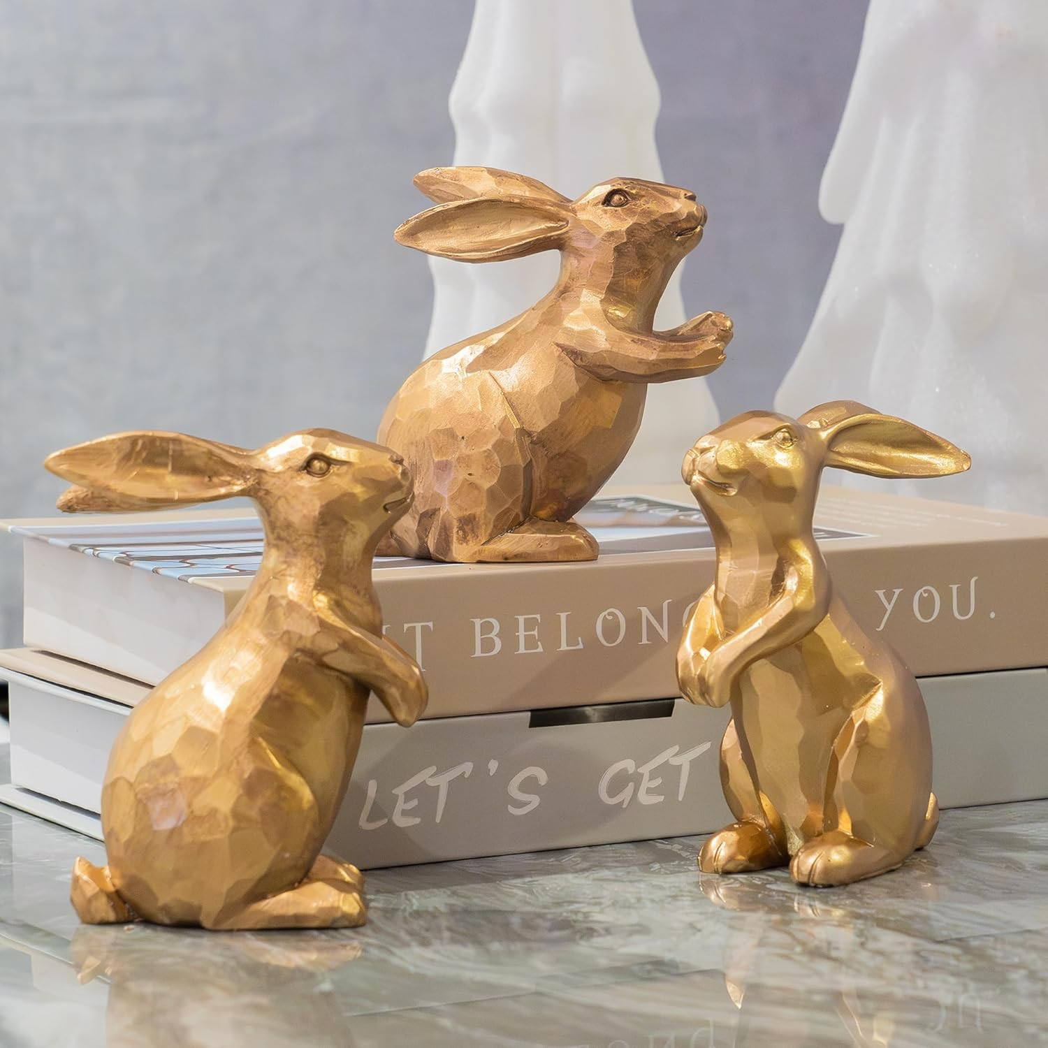 Resin Vintage Gold Bunny Decor Rabbit Figurines, Small Easter Bunny Figurine Set of 3, Vintage Easter Rabbit Statue Table for Home Decoration