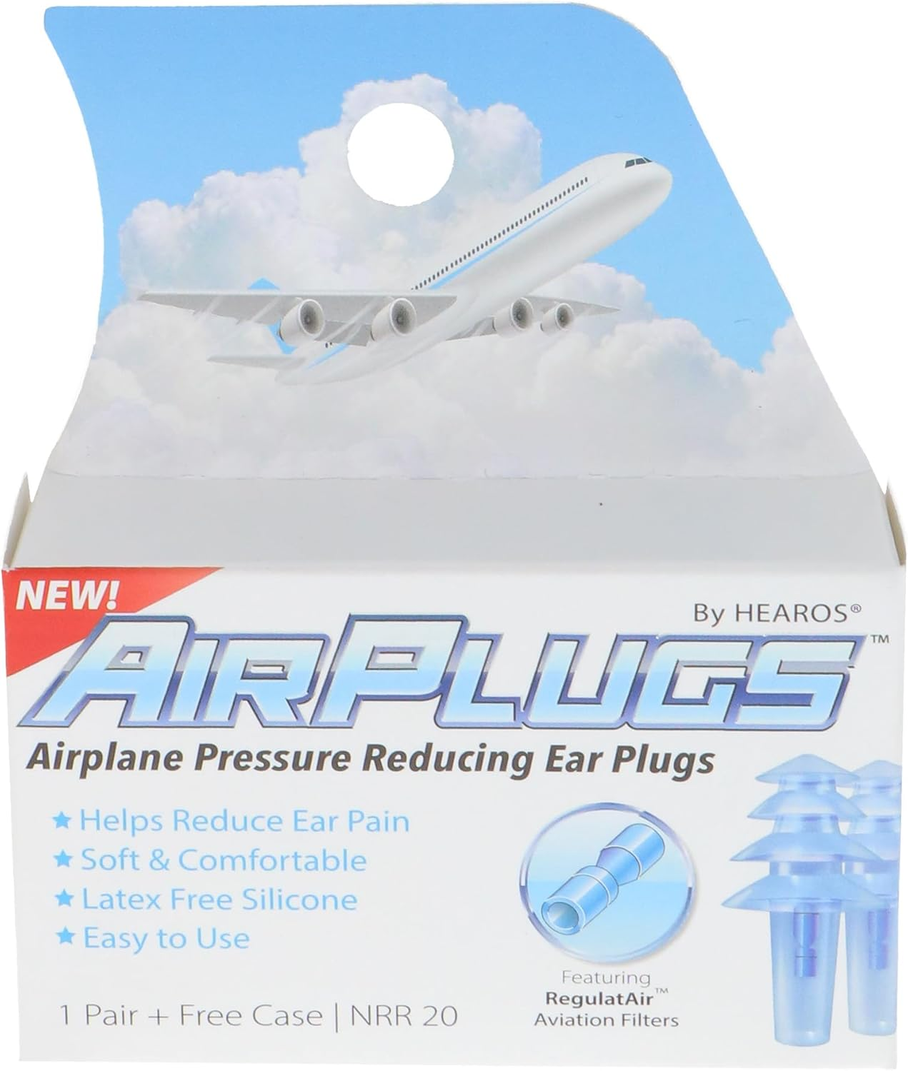 Airplugs Airline Pressure Reducing Earplugs, 1 Pair + Free Case, Latex Free Silicone, Reduce Ear Pain, NRR 20, Clear (5805)
