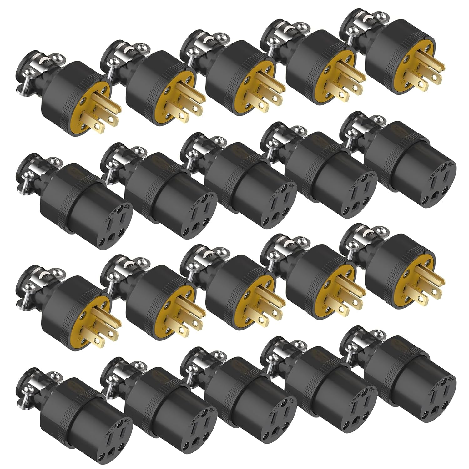 10 Set Electrical Replacement Plug & Connector Set, Extension Cord Ends Male and Female, 15 Amp 125 Volt, Straight Blade Plug Grounding Type, NEMA 5-15P & 5-15R, 3-Prong, Black, UL Listed