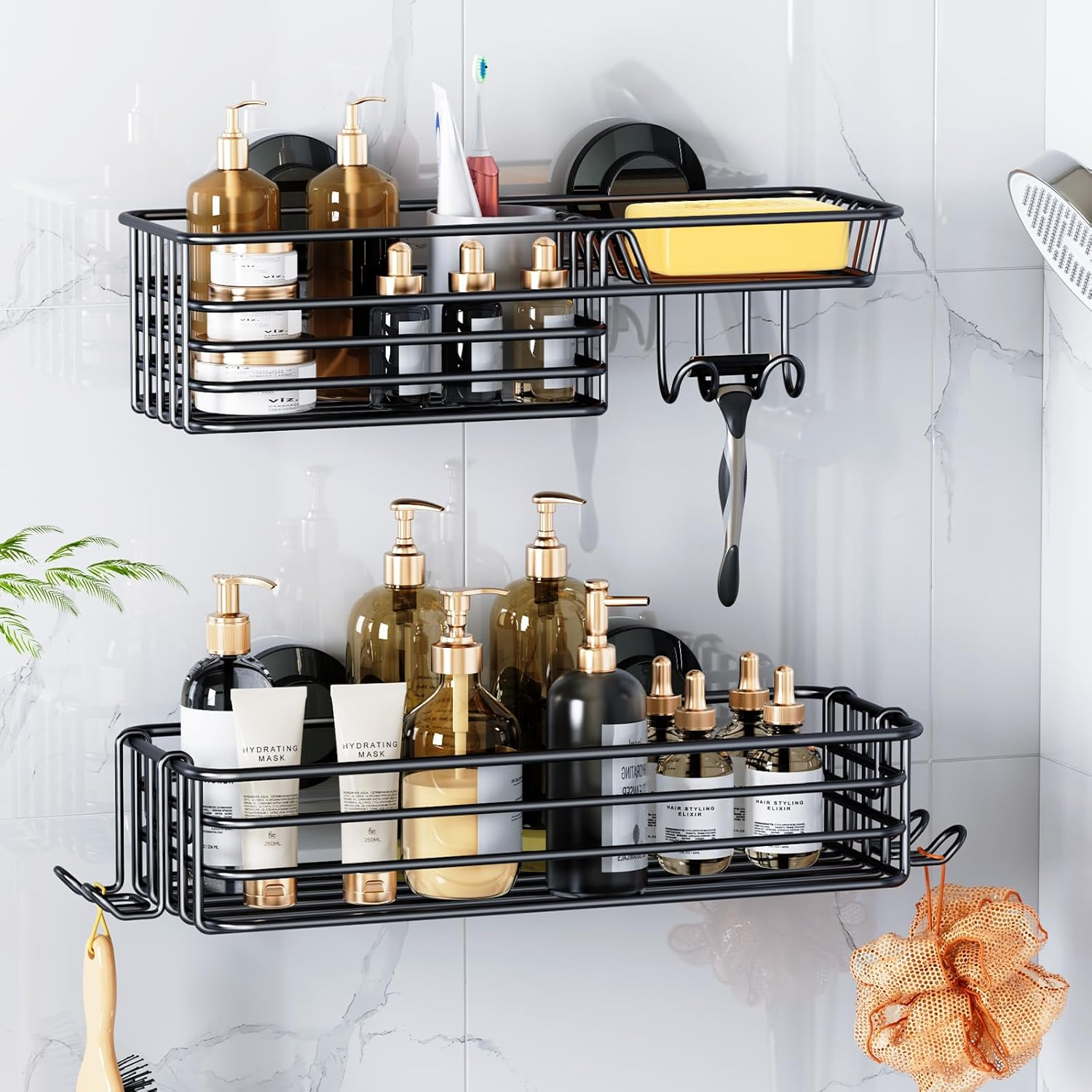 LEVERLOC Shower Caddy Suction Cup, 2 Pack Suction Shower Shelf with Hooks & Soap Holder, No-Drilling Bathroom Holder, Rustproof Bathroom Organizer, Black
