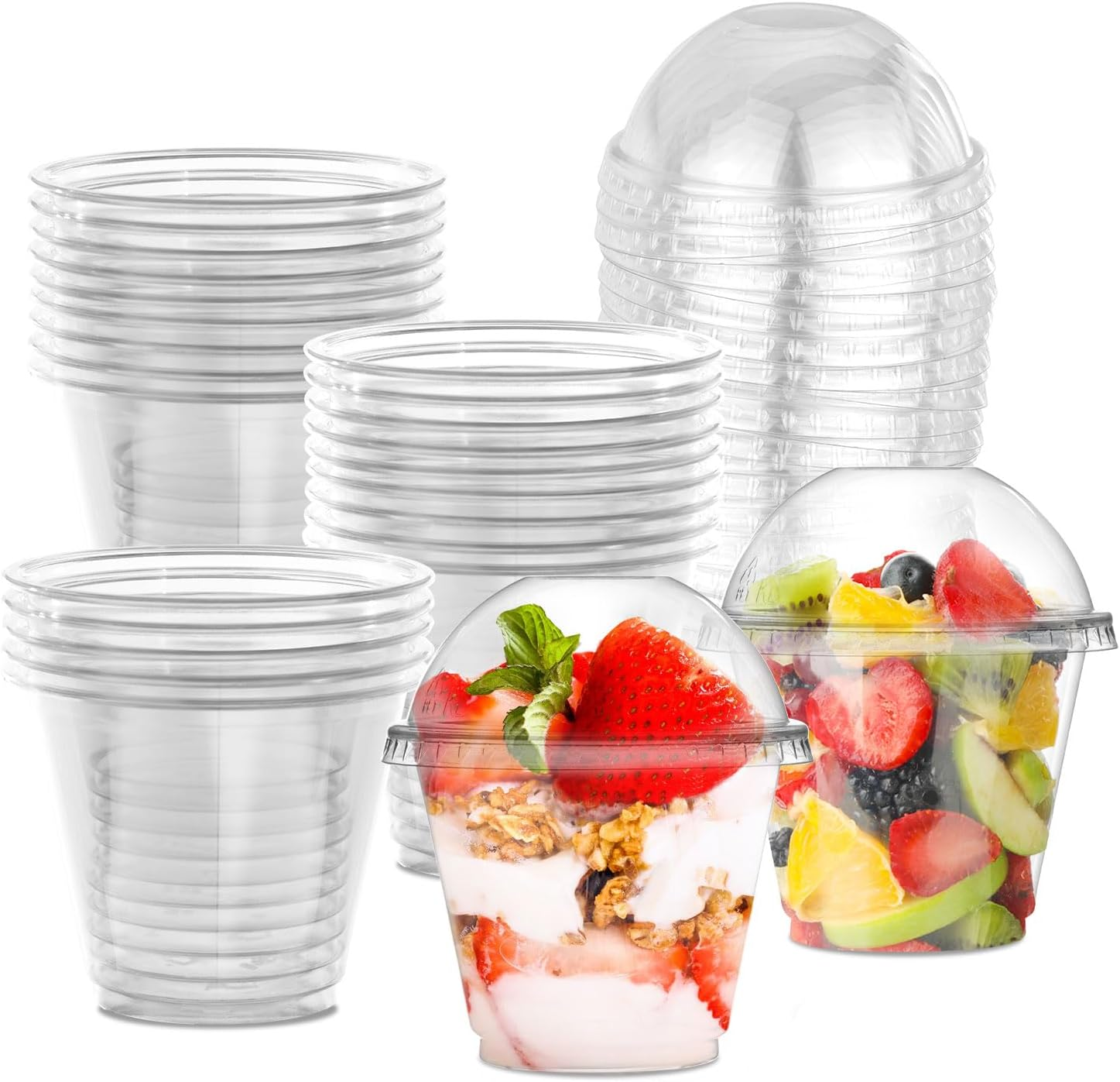 9 oz Fruit Cups with Lids, 25 Pack Clear Plastic Cups with Dome Lids (No Hole), Parfait Dessert Cups, Disposable Clear Cups Suit for Yogurt, Fruit, Ice Cream, Cupcake, Candy, Cold Drinks Etc