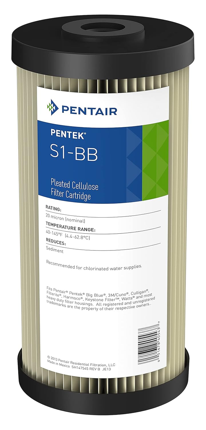 Pentair Pentek S1-BB Big Blue Sediment Water Filter, 10-Inch, Whole House Heavy Duty Pleated Cellulose Filter Cartridge, 10” X 4.5”, 20 Micron