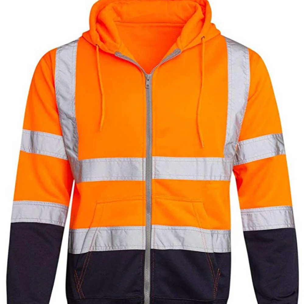 Autumn and Winter Hooded Sweatshirt with Reflective Strips, Sanitation Work Clothes, Fleece Color Matching Zipper Sweatshirt