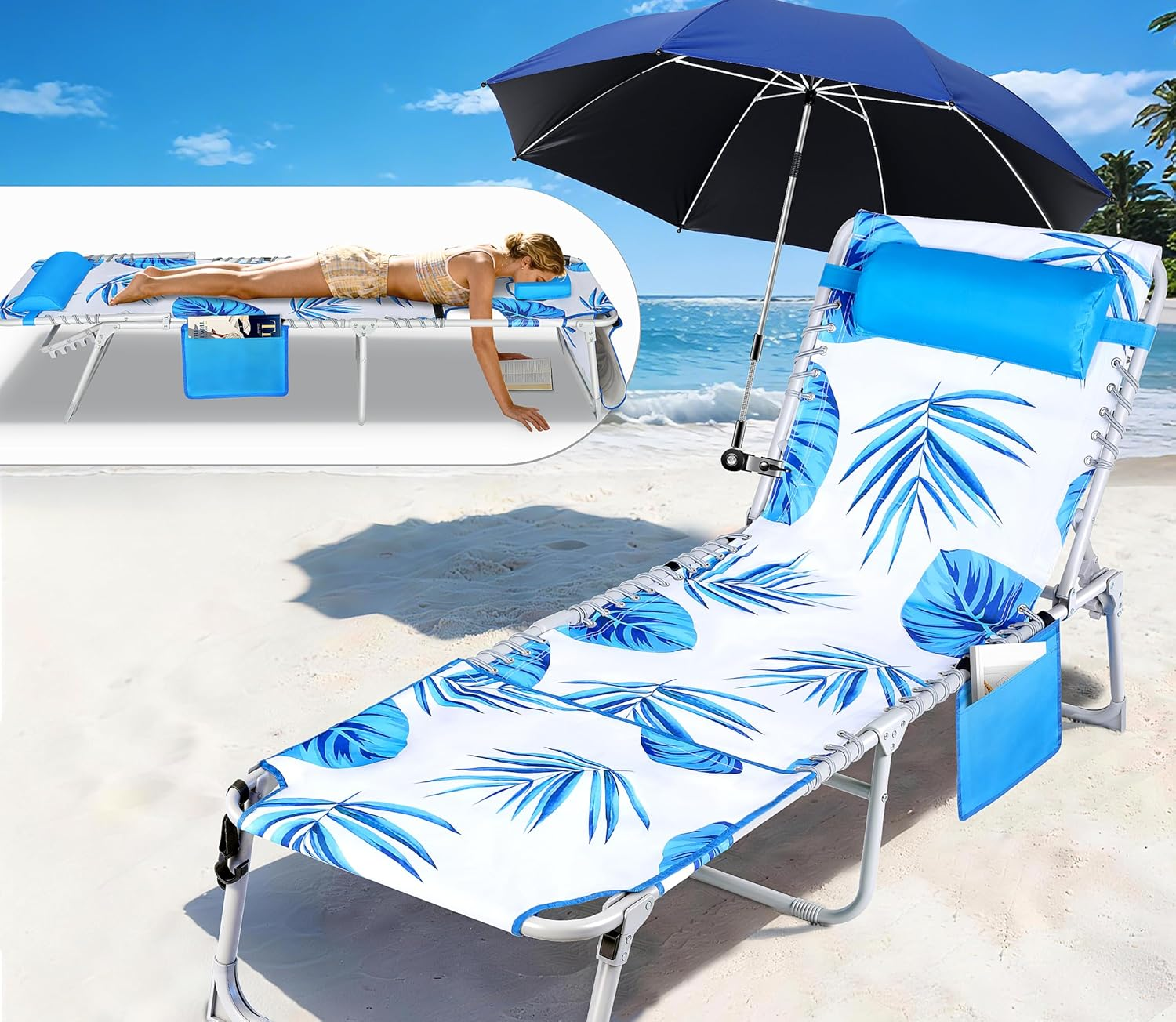 3-In-1 Beach Lounge Chair with Umbrella, Sun Tanning Chair with Face Hole&5-Position Recliner, Folding Lounge Chair Outdoor Lay Flat, Max 350Lbs,Portable Tanning Chair with Pillow&Pocket-White