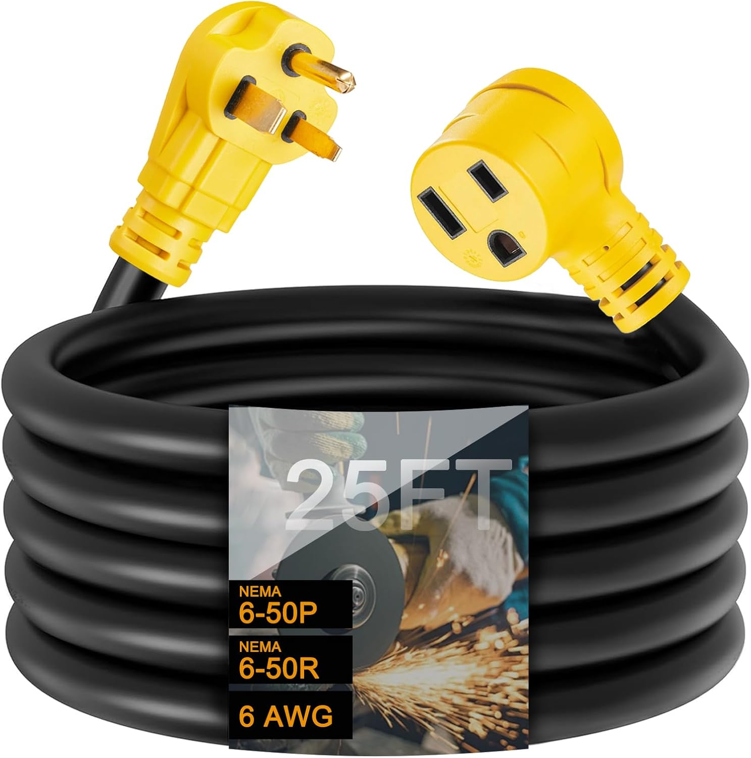 25Ft 50 Amp Welder Extension Cord, NEMA 6-50 STW 6AWG/3C Heavy Duty Industrial Welder Cord, 250 Volts, 12500 Watts, for Hobart, Lincoln, Miller Welder & EV Charger, ETL Listed