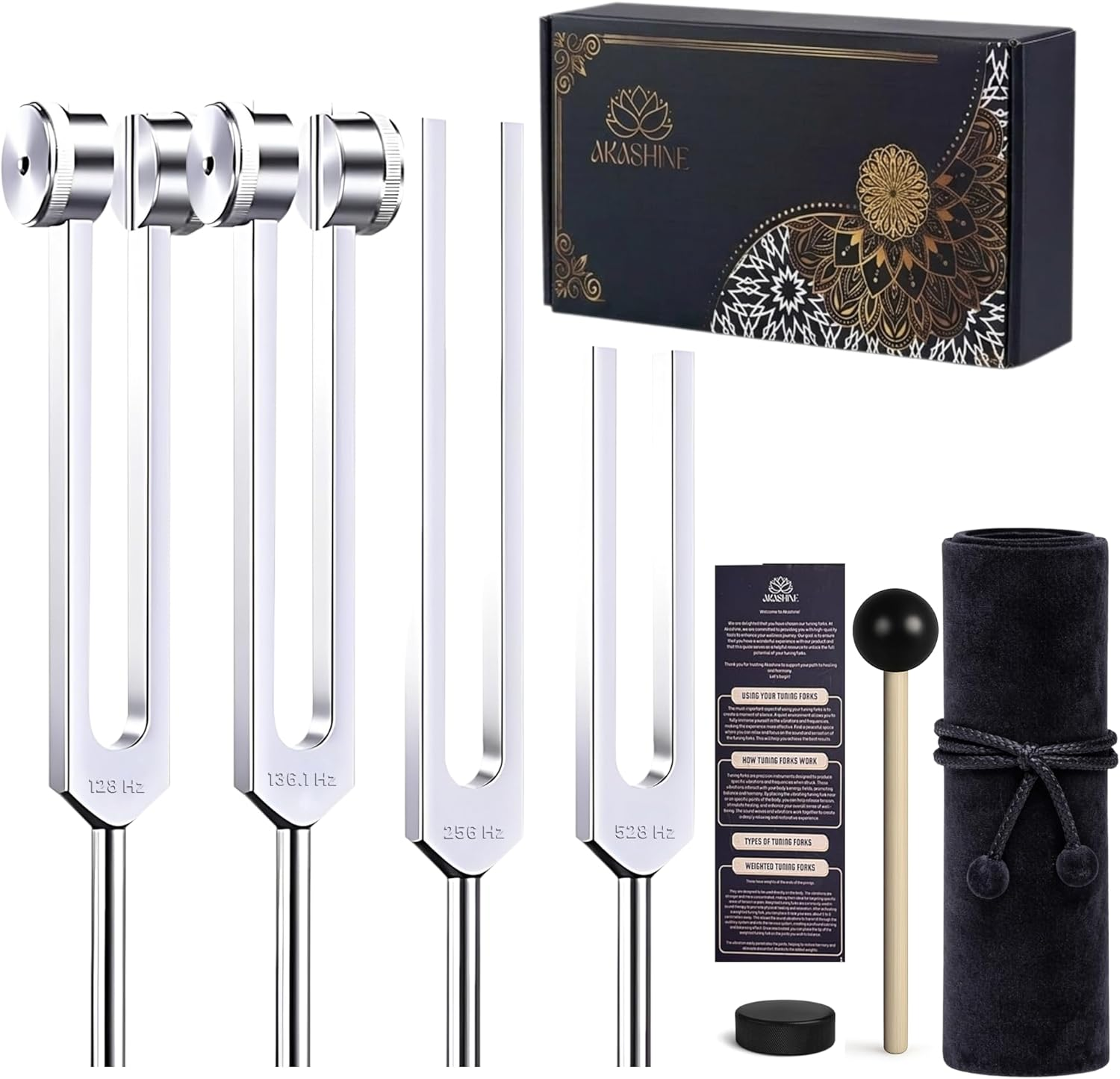 Tuning Forks for Healing Set (128Hz, 136.1Hz, 256Hz, 528Hz) — Complete Sound Therapy Tools for Meditation, Stress Relief & Inner Balance