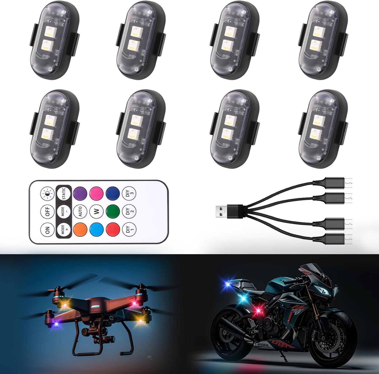 8PCS Wireless LED Strobe Lights, 8 Colors, USB Charging, Waterproof, for Vehicles & Drones
