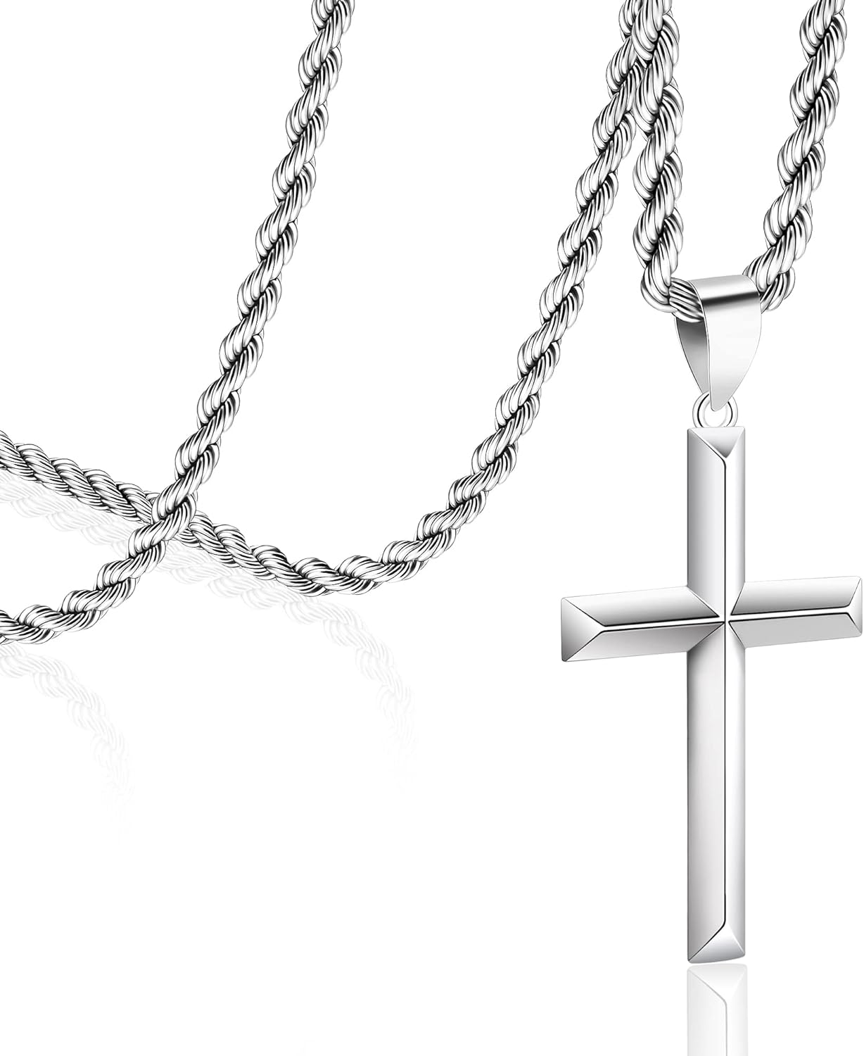 925 Sterling Silver Cross Necklace for Men with 3.5Mm Stainless Steel Twist Clasp Rope Chain Necklace Beveled Edge Cross Pendant Necklace for Men Women 16-28 Inches