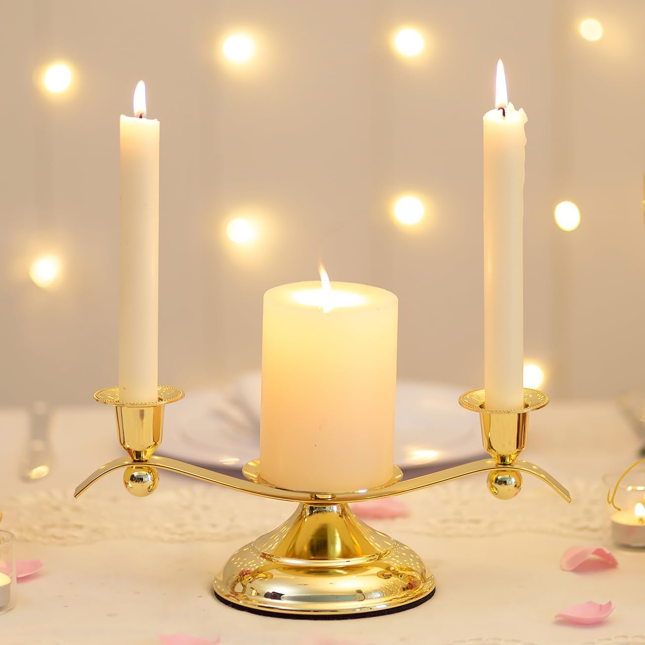 Unity Candle Holder for Wedding Ceremony Set -  3 Arm Metal Gold Candle Stand for Pillar Taper Candlestick Unity Candles Centerpiece Decor Bride Reception Anniversary Decoration Gift