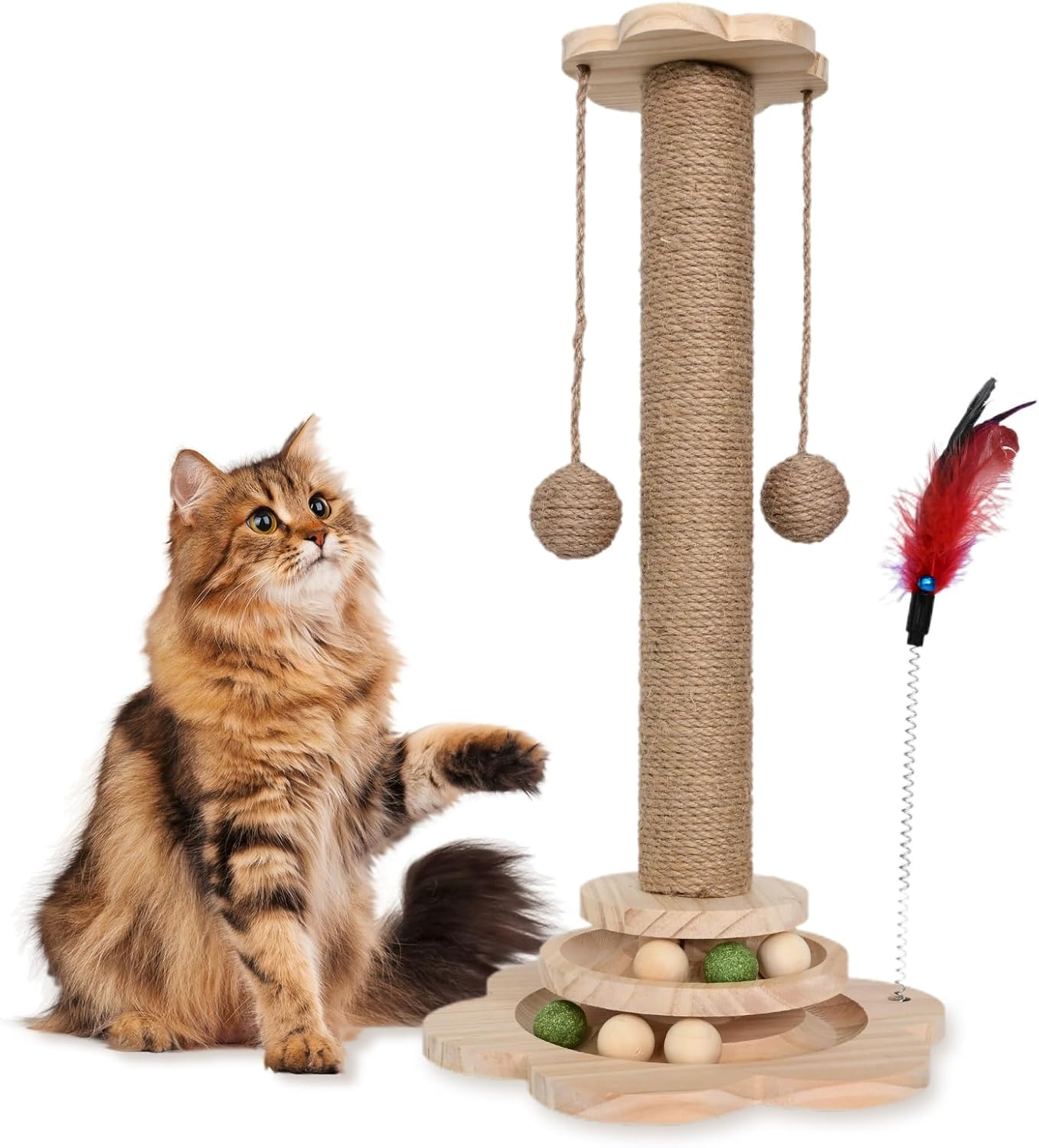 Scratching Post - 4 in 1 Cat Scratch Post, Interactive Cute Small Wooden Cat Scratcher with 2 Level Catnip Toys Balls & 2 Sisal Hanging Balls for Indoor Kitten Kitty