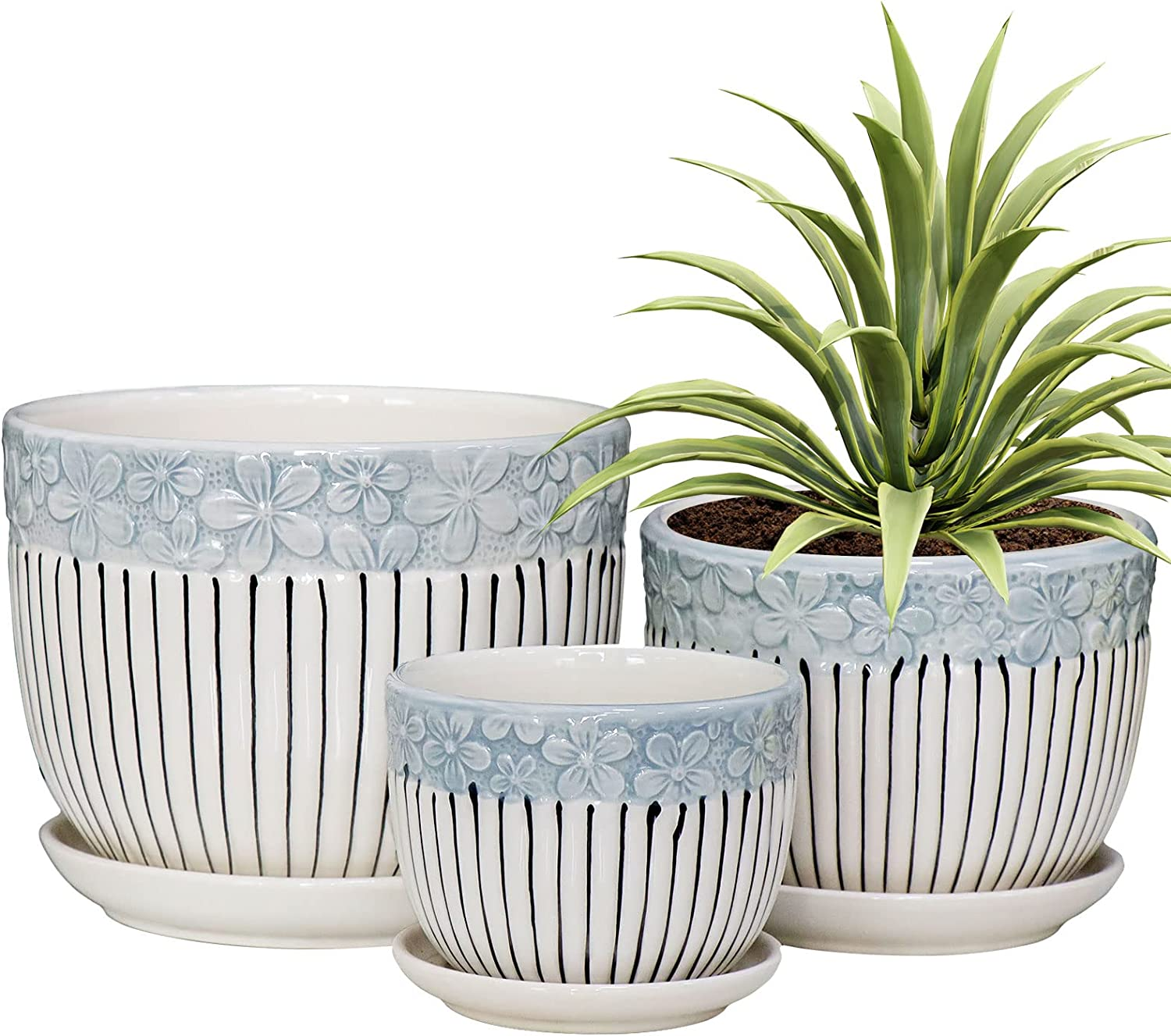 Grey Flower Pots,Texture Planter for Indoor Plants Set of 3 Ceramic Flower Pots with Saucer,Cute Garden Pots Succulent Pots（3 Pack,Grey