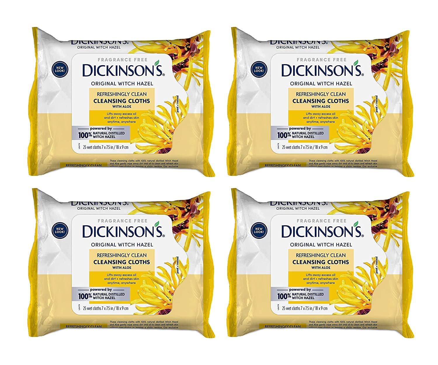 Dickinson'S Original Witch Hazel Refreshingly Clean Cleansing Cloths with Aloe, 4 Pack, 25 Cloths per Pack