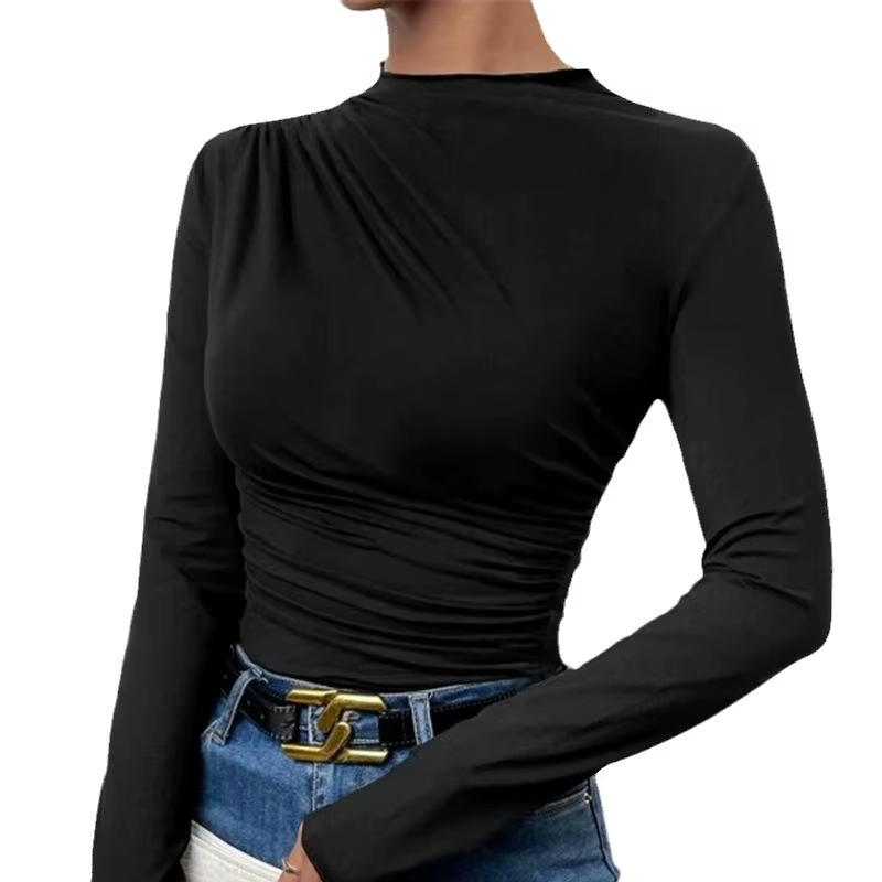 Fashion Lady'S Shirt Solid Color Slim Long Sleeve Designer T-Shirt Pleated Blouse Shirts for Women