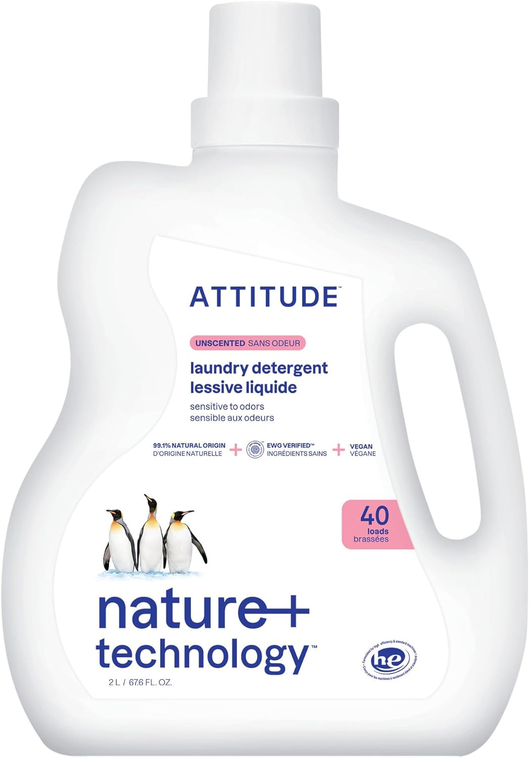 ATTITUDE Liquid Laundry Detergent, EWG Verified Laundry Soap, HE Compatible, Vegan and Plant Based Products, Cruelty-Free, Unscented, 40 Loads, 67.6 Fl Oz