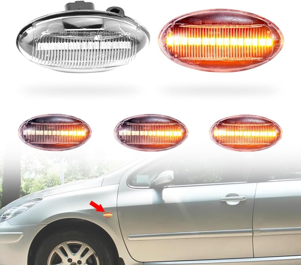 2 Pièces LED Garde-Boue Avant Feu De Signalisation Latéral Montage De Lampe De Signal De Tournage Compatible Avec Peug-Eot 307 206 207 407 107 1007 108 607 Citr-Oen C1 C2 C3 C5-Blanc Verre
