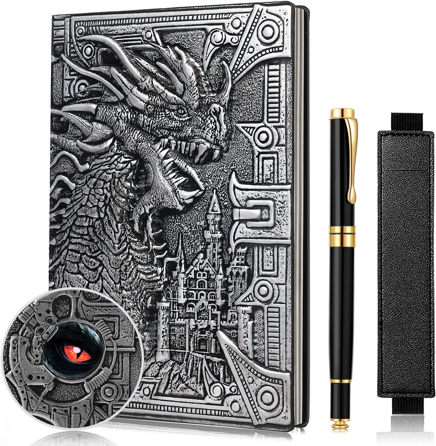 Vintage Dragon Embossed Leather Notebook DND Notebook Travel Journal with Black Ballpoint Pen and Pen Sleeve.Antique Handmade A5 Journal,Hardcover Liner,Writing Notebook Gift for Men&Women(Silver)