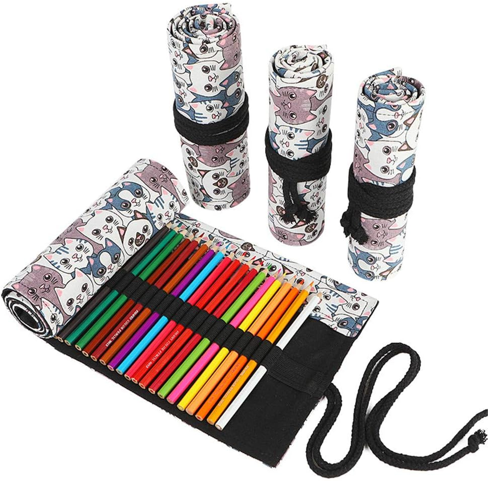 24/36/48/72 Slots Colored Pencil Wrap Roll up Pen Holder Case Drawing Coloring Pencil Roll Organizer Stationery Case for Student Artist Traveler (Big-Head Cats, 36 Slots)