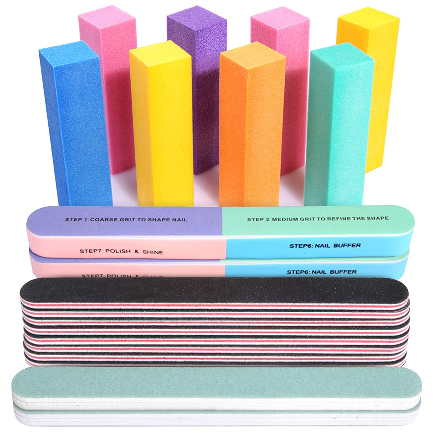 Nail Files and Buffers, 20PCS Professional Manicure Tools Kit. Rectangular Buffer Block & 100/180 Grit Nail File, 7 Way Nail File & Nail Polishing Buffer. Nail Care Tool