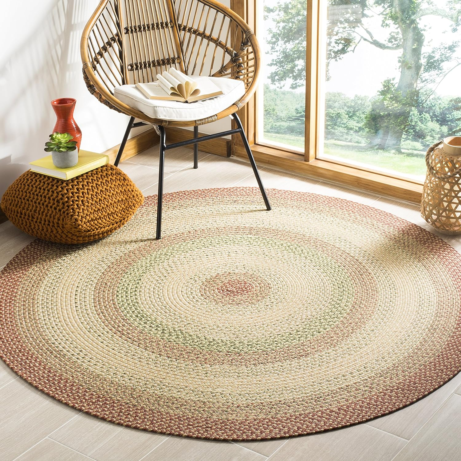 Washable Rug Outdoor Braided Collection - 5' Round, Rust & Multi, Handmade & Reversible, Non-Shedding & Easy to Clean, Ideal for Patio, Backyard, Mudroom (BRD303A)