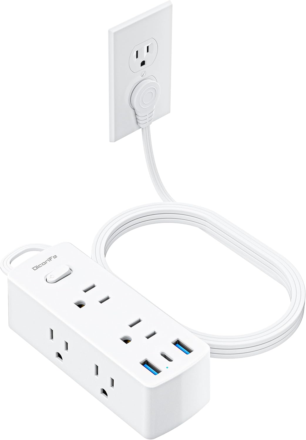 Power Strip Surge Protector, Ultra Thin Flat Plug Extension Cord 5Ft, 6 Outlets 3 USB Ports(1 USB C), 3 Sided Outlet Extender for Home Office Travel Dorm Room Essentials, White