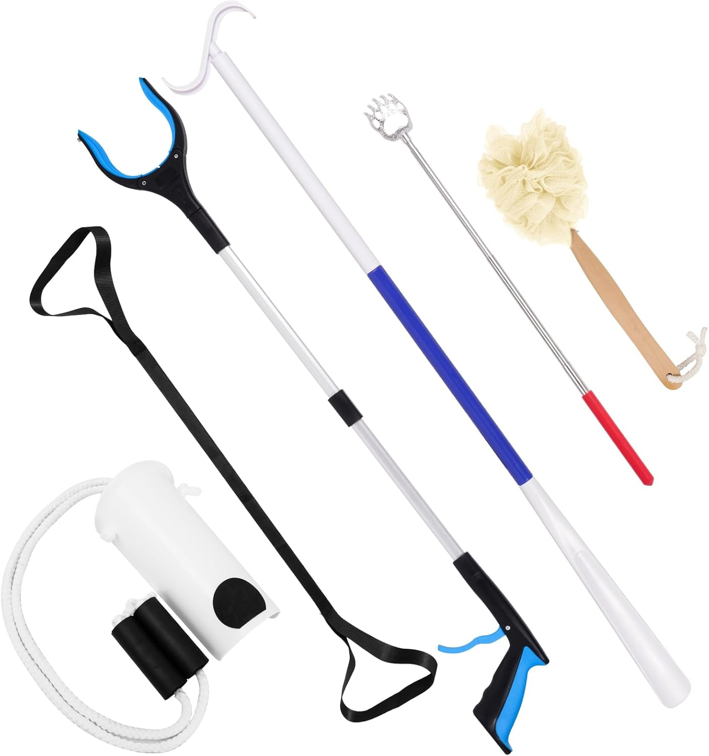 6 PC Hip Replacement Recovery Kit for Elderly and Knee Back Surgery Patients with Grabber, Sock Aid, Leg Lifter, Shoe Puller, Back Scratcher, Bath Sponge, Essential Tools for Recovery after Surgery