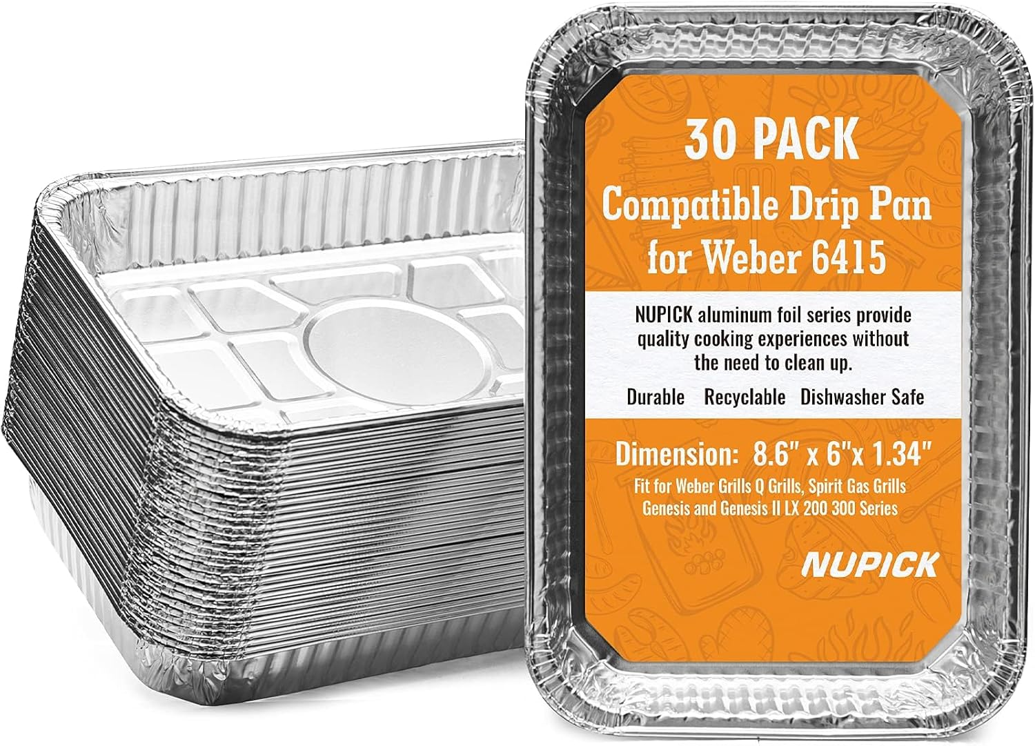 NUPICK 30 Pack Grill Drip Pans Compatible for Weber, 6415 Grill Accessories for Weber Spirit, Genesis, Traveler, Q Series - Grill Grease Pan Liners - Disposable Aluminum Foil Grease Trays - 8.5