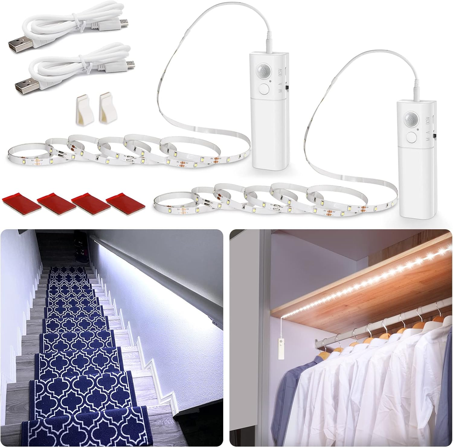 Motion Sensor Stair Strip Lights,Rechargeable Motion Activated Closet Light,Battery Powered LED Strip,60 Leds Homelife Bar for Bed,Pantry,Counter,Night Light,Cabinet,6000K White,6.56Ft,2Pcs