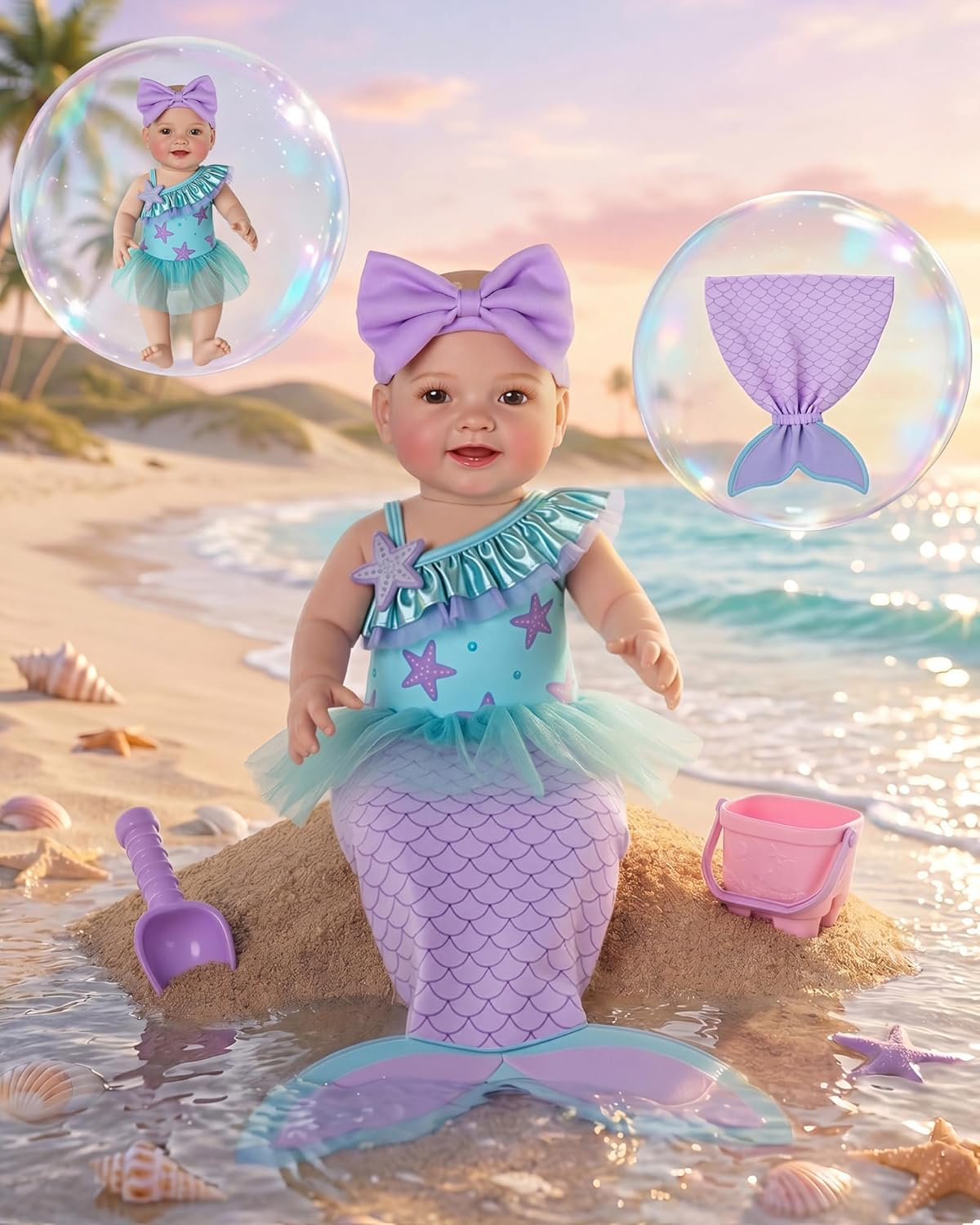 BABESIDE Mermaid Baby Doll for Bath & Pool Play with Removable 2-in-1 Tail Towel, 15 Inch Full Vinyl Washable Mermaid Dolls, Mermaid Toys Gift for Girls Ages 3+