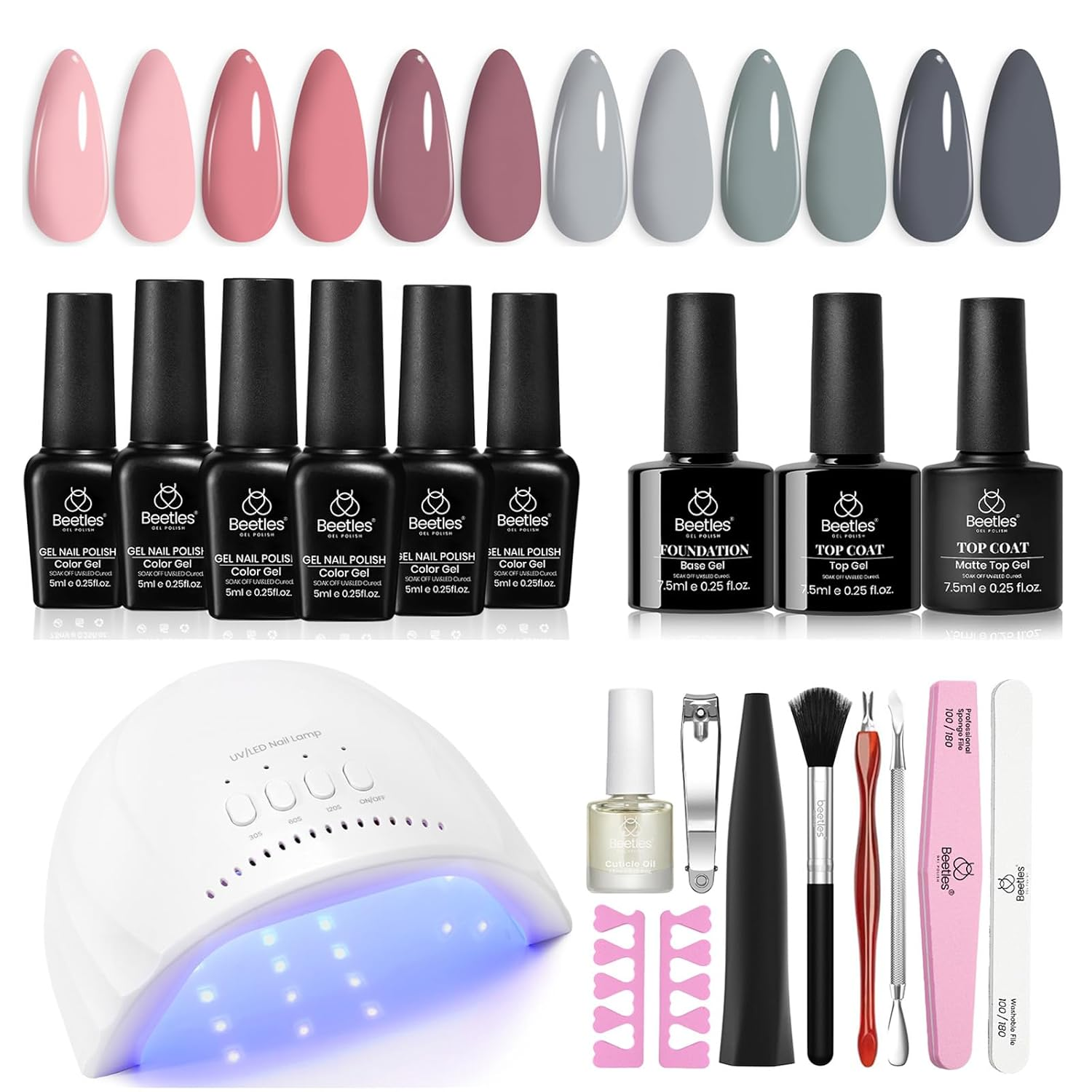 Beetles Gel Nail Polish Kit with Uv Light 48W Led Nail Lamp 6 Colors Nude Gray Pink Gel Polish Starter Kit Manicure Soak off Led Salon DIY Home Gift for Women