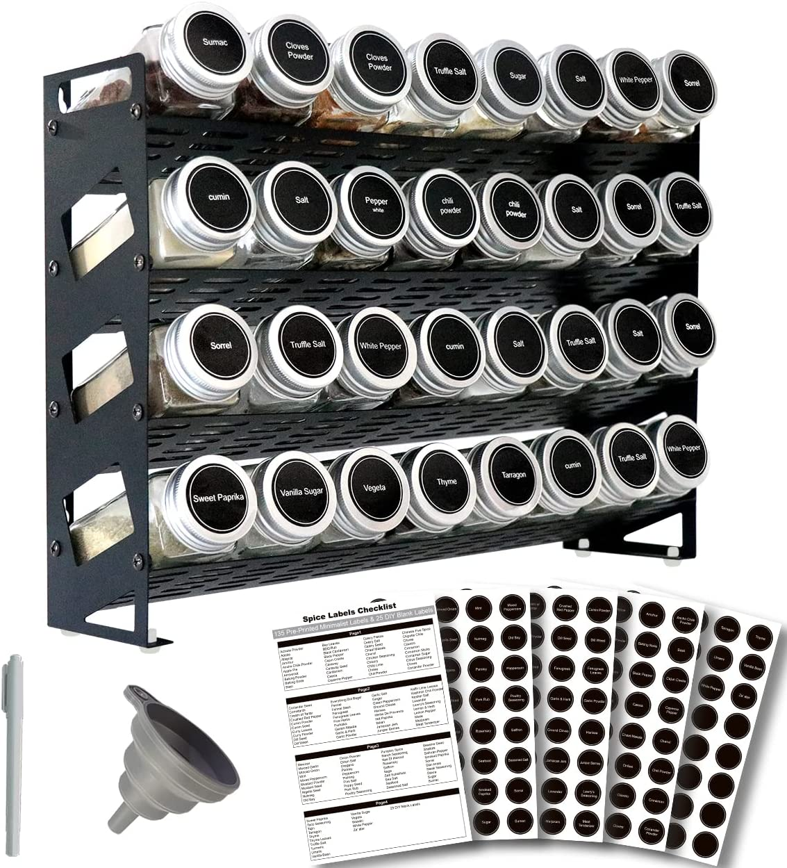 4 Tier Spice Rack Organizer with 32 Square Spice Jars and 160 Spice Labels Set for Kitchen Cabinet Countertop Pantry or Wall Mount, Matte Black