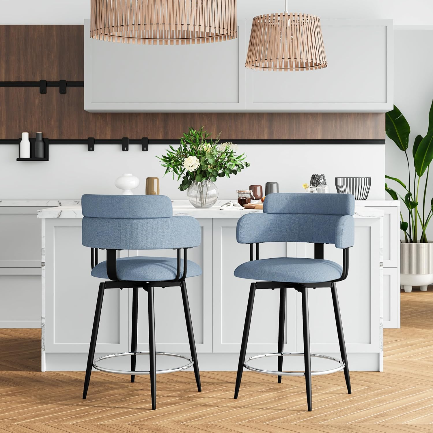 Set of 2 Blue Swivel Bar Stools with Ergonomic Backrest for Kitchen Island