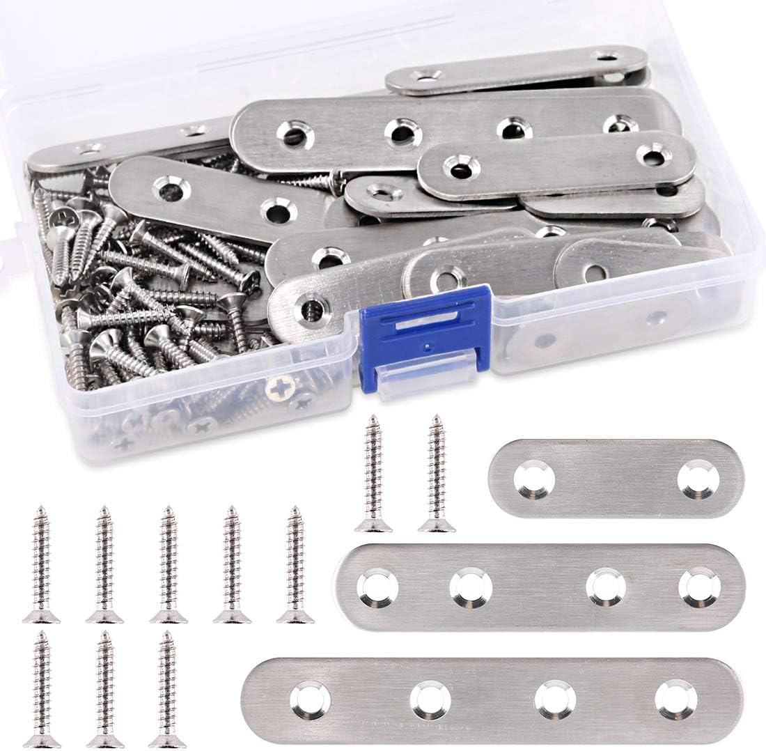 115Pcs 3 Sizes Stainless Steel Flat Straight Brace Brackets Metal Shelf Support Brackets Joining Plate with Screws Perfect for Mending Repair Plates Fixing Bracket Connector - 50mm/ 80mm/ 100mm