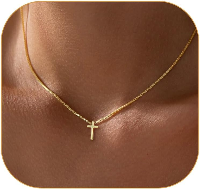 Gold Cross Necklace for Women, Trendy 14K Gold Plated Charm Box Chain Choker Dainty, Christian Religious Faith Small Cross Pendant Necklace Non Tarnish