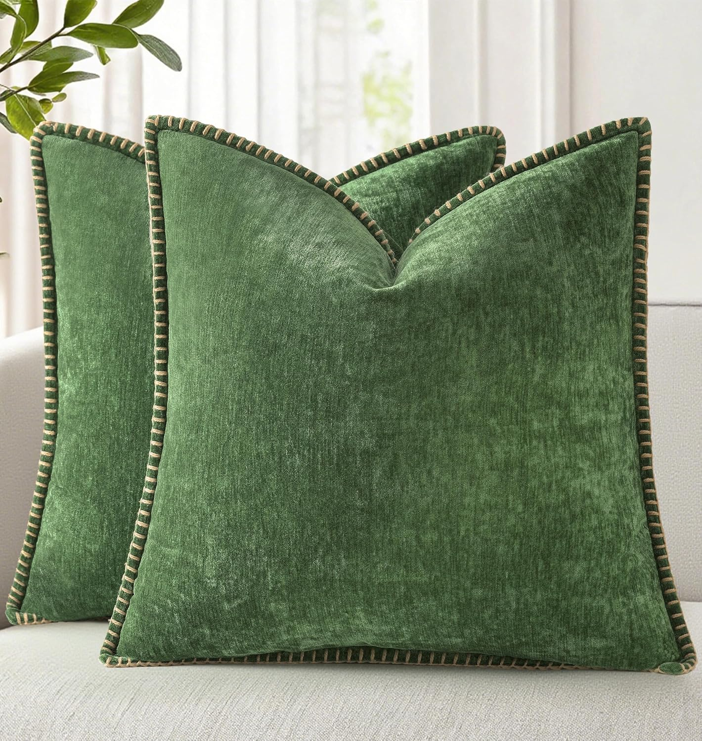 Spring Chenille Soft Cozy Throw Pillow Covers 18X18 Set of 2, Modern Farmhouse Boho Velvet Decorative Pillow Cases with Stitched Edge for Couch Sofa Bed Home Decor, Forest Green