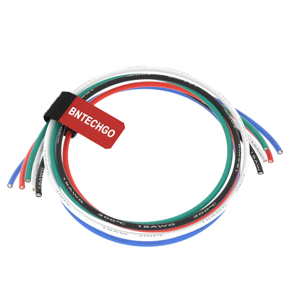 BNTECHGO 18 Gauge Silicone Wire Kit Red Black White Blue and Green Each 5Ft 18 AWG Stranded Tinned Copper Wire