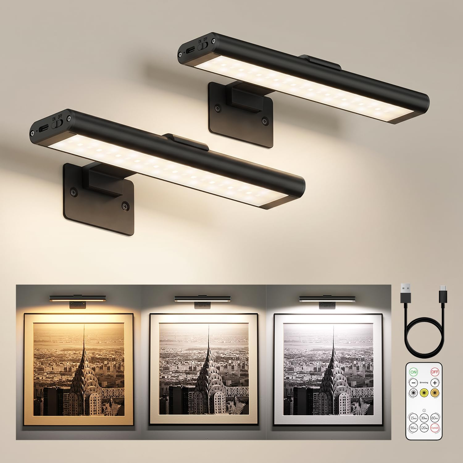 Picture Light for Wall, Rechargeable 2400Mah Battery Lights with Wireless Remote, Dimmable Magnetic LED Art Painting Light with 3 Color Temperatures (Pack of 2, Black)