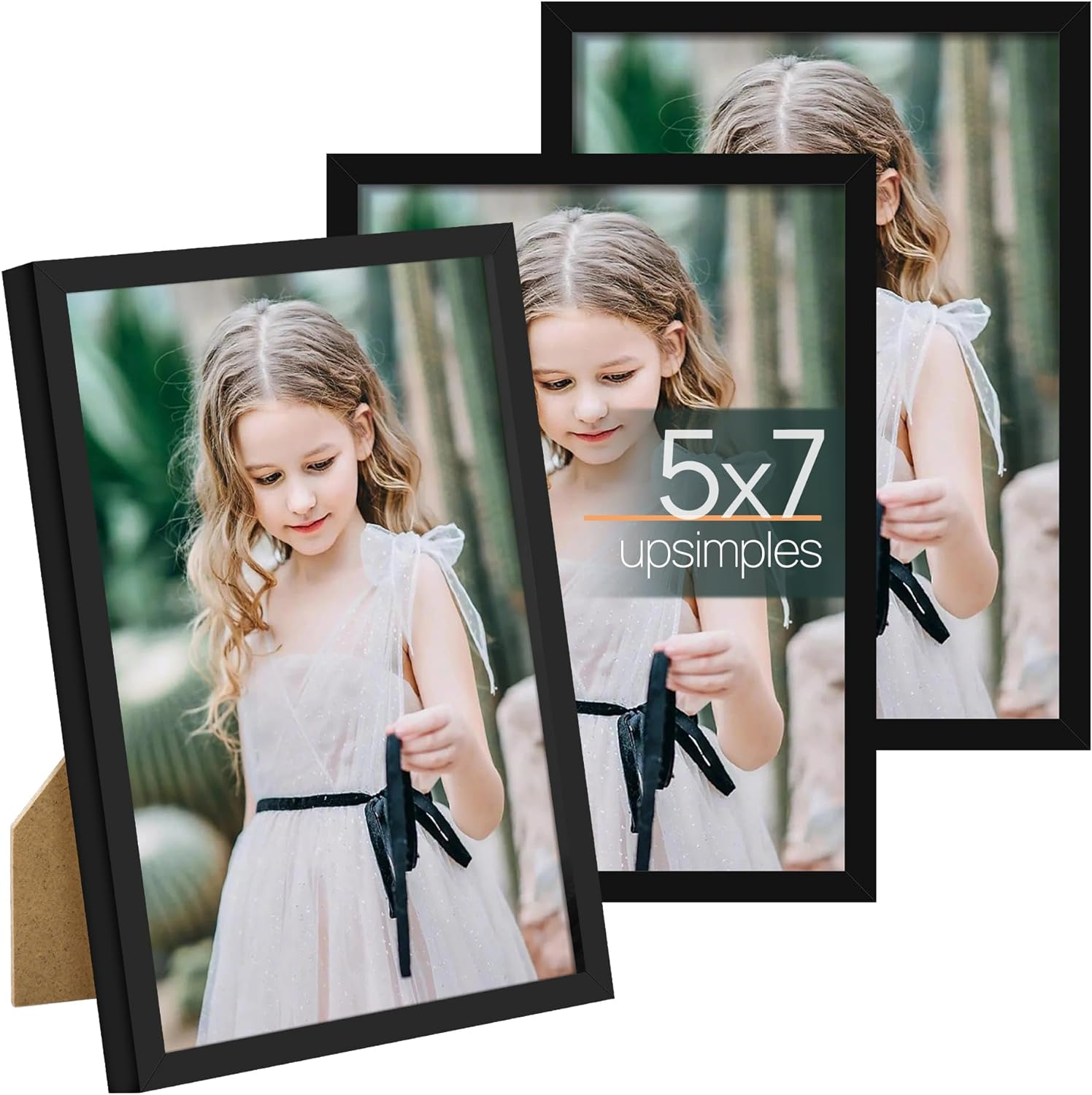 Upsimples 5X7 Picture Frame Set of 3, Made of High Definition Glass for 5 X 7 Black Frames, Wall and Tabletop Display Thin Border Photo Frame for Home Décor