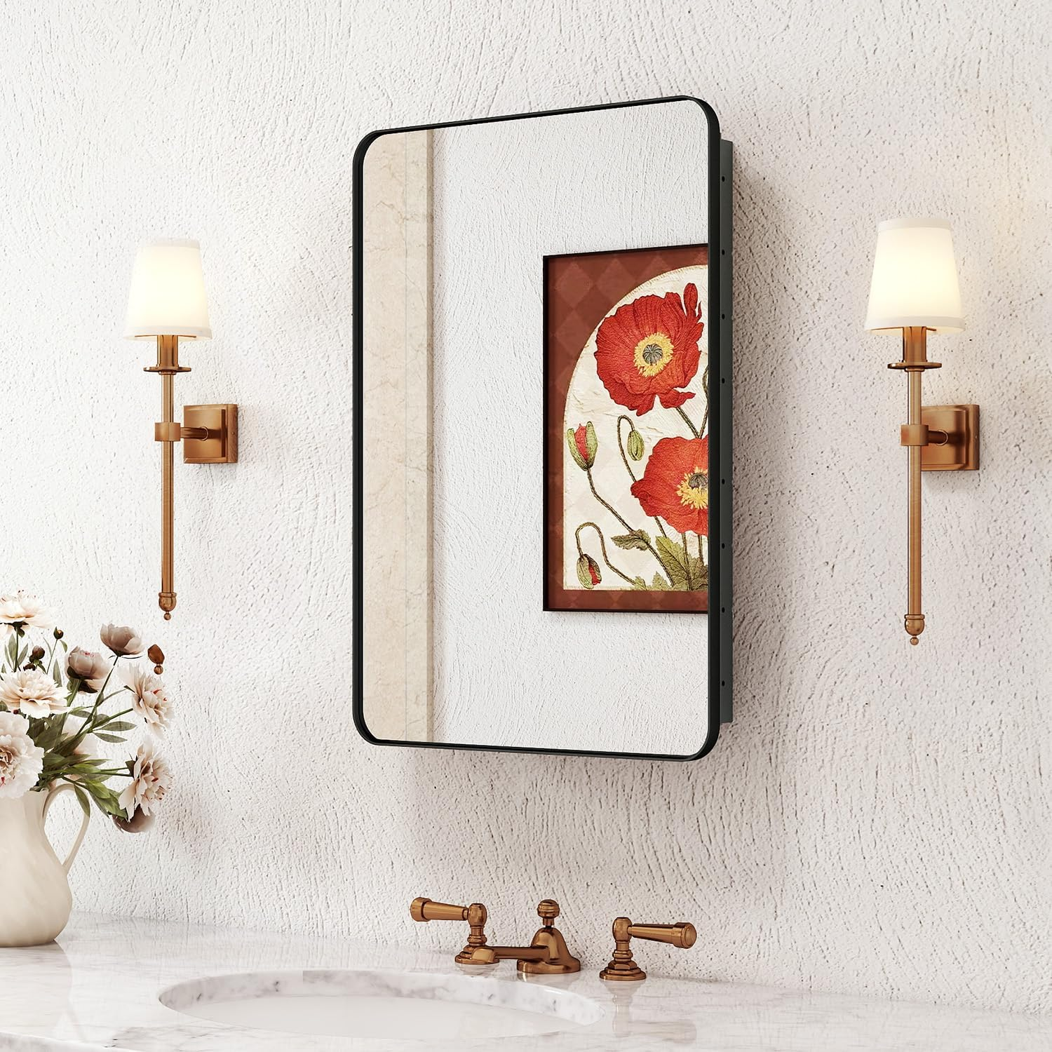 Medicine Cabinet with Mirror, 16X24 Fully Assembled Recessed or Wall-Mounted Bathroom Mirrored Cabinet with Adjustable Storage Shelves for Vanity, Metal, Black