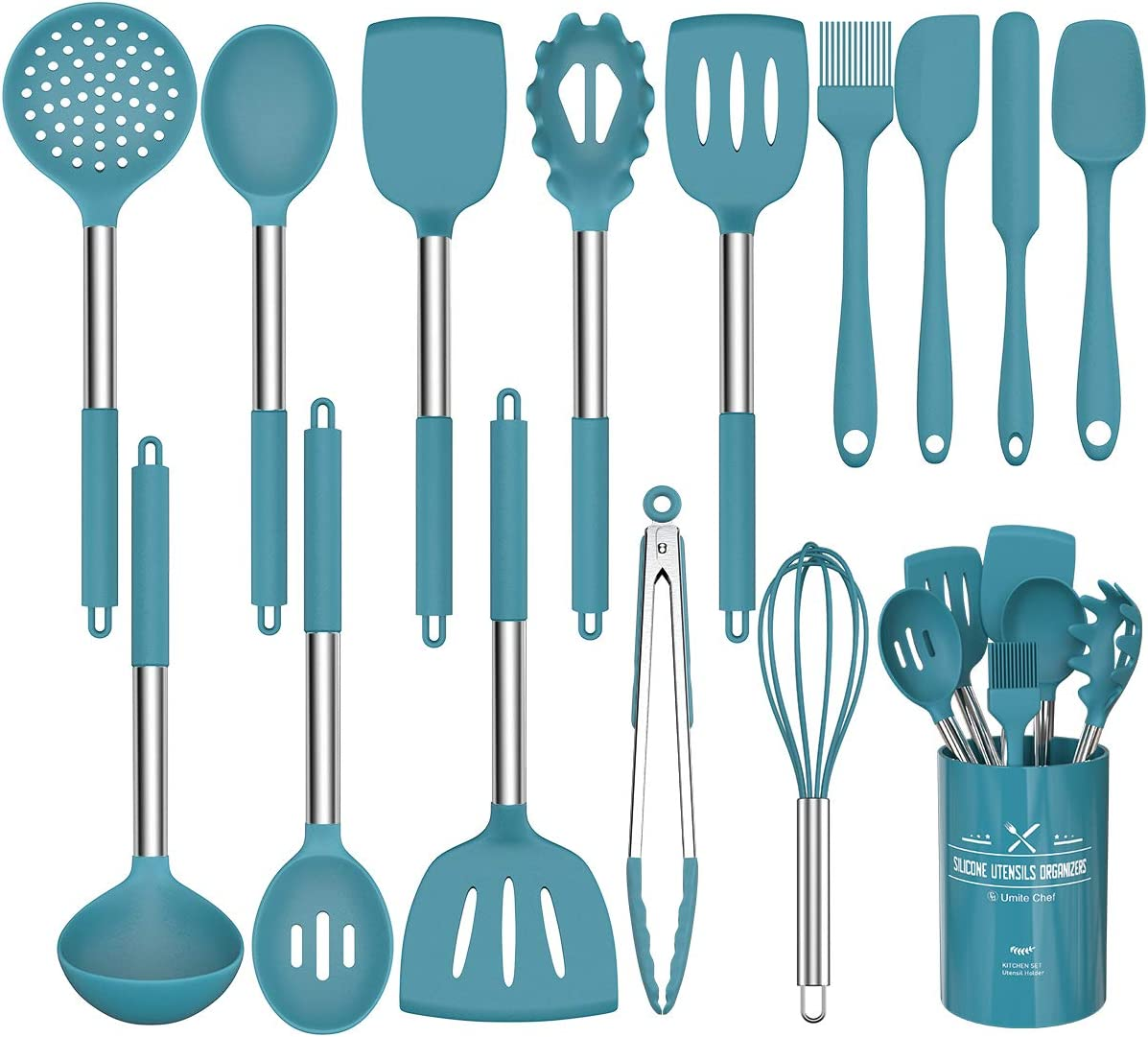 15 Pcs Silicone Cooking Utensils Kitchen Utensil Set -  446°F Heat Resistant Stainless Steel Handles Kitchen Gadgets Tools Set for Nonstick Cookware(Blue)