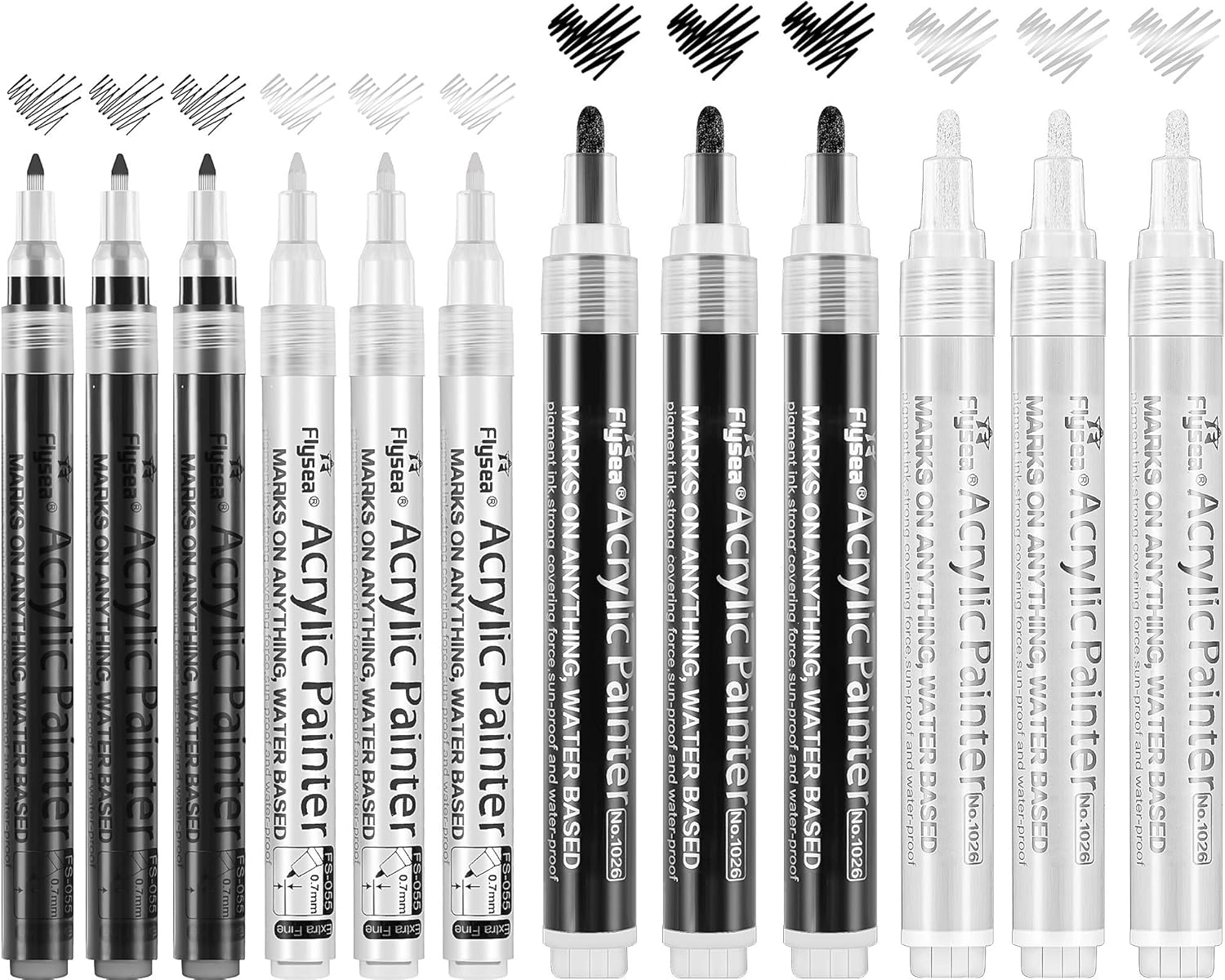 Flysea Black and White Acrylic Paint Pens, Acrylic Paint Markers 0.7 Mm Extra Fine, 3 Mm Medium Tip, Waterproof Paint Pens for Rock Painting Ceramic Glass Canvas Mug Metal Wood DIY Supplies
